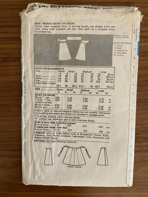 Butterick 4843 vintage 1970s wrap skirt and strapless dress pattern