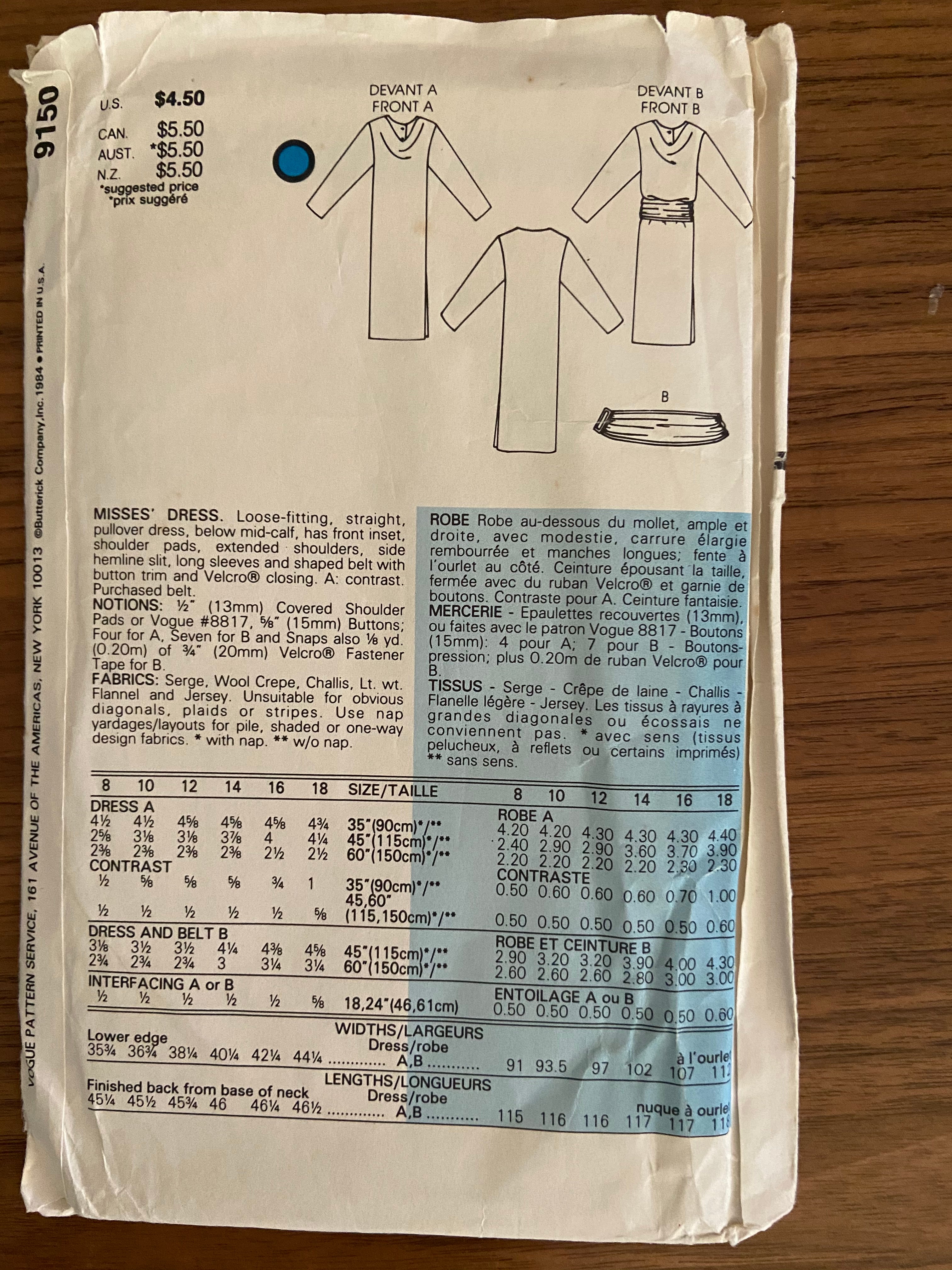 Vogue 9150 vintage Very Easy Vogue 1980s dress sewing pattern Bust 31 1/2, 32 1/2, 34 inches