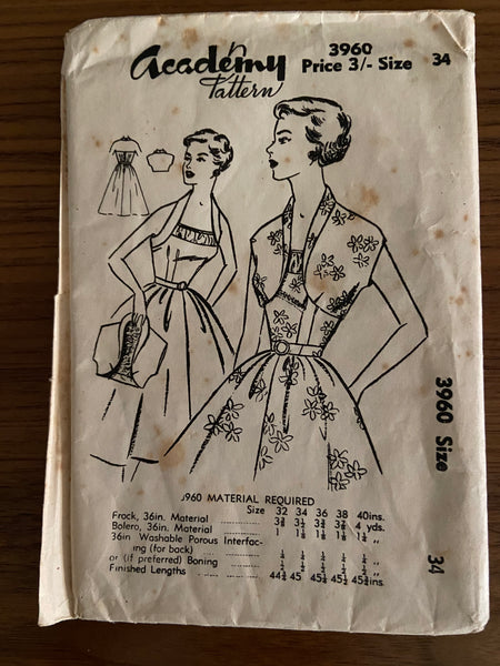 Academy 3960 vintage 1950s dress and bolero sewing pattern