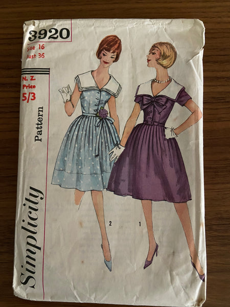 Simplicity 3920 vintage 1960s teens dress sewing pattern