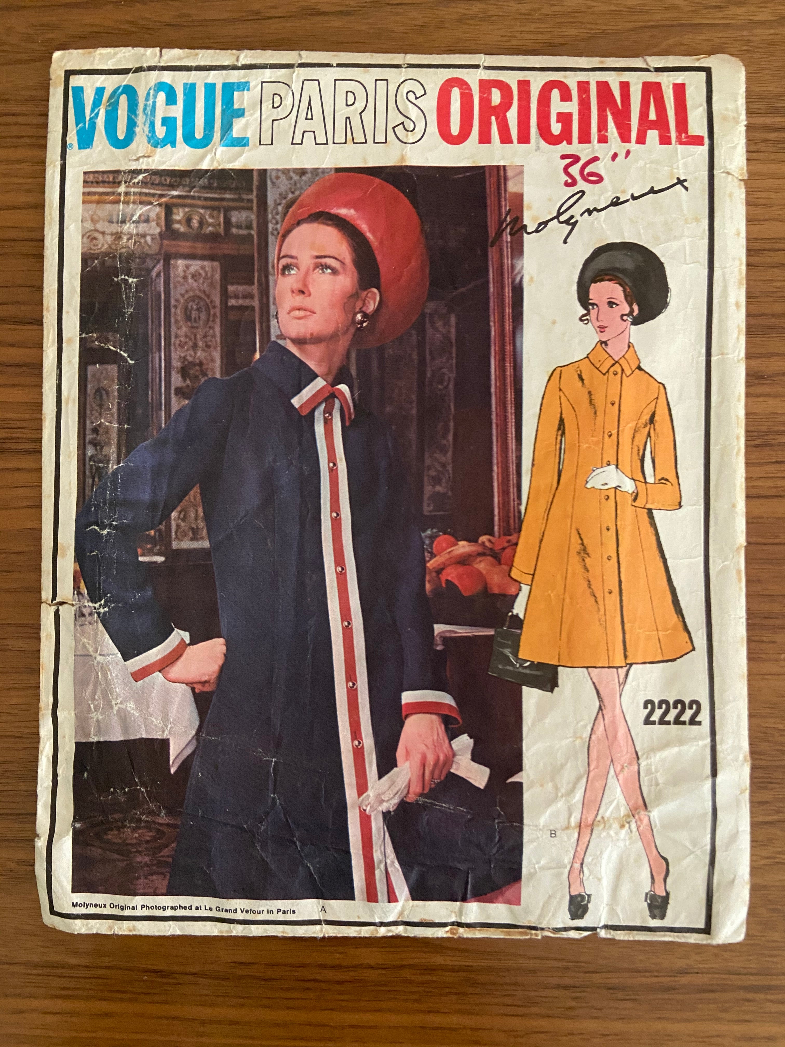 Vogue 2222. Vogue Paris original. Molyneux coatdress pattern. Bust 36 inches