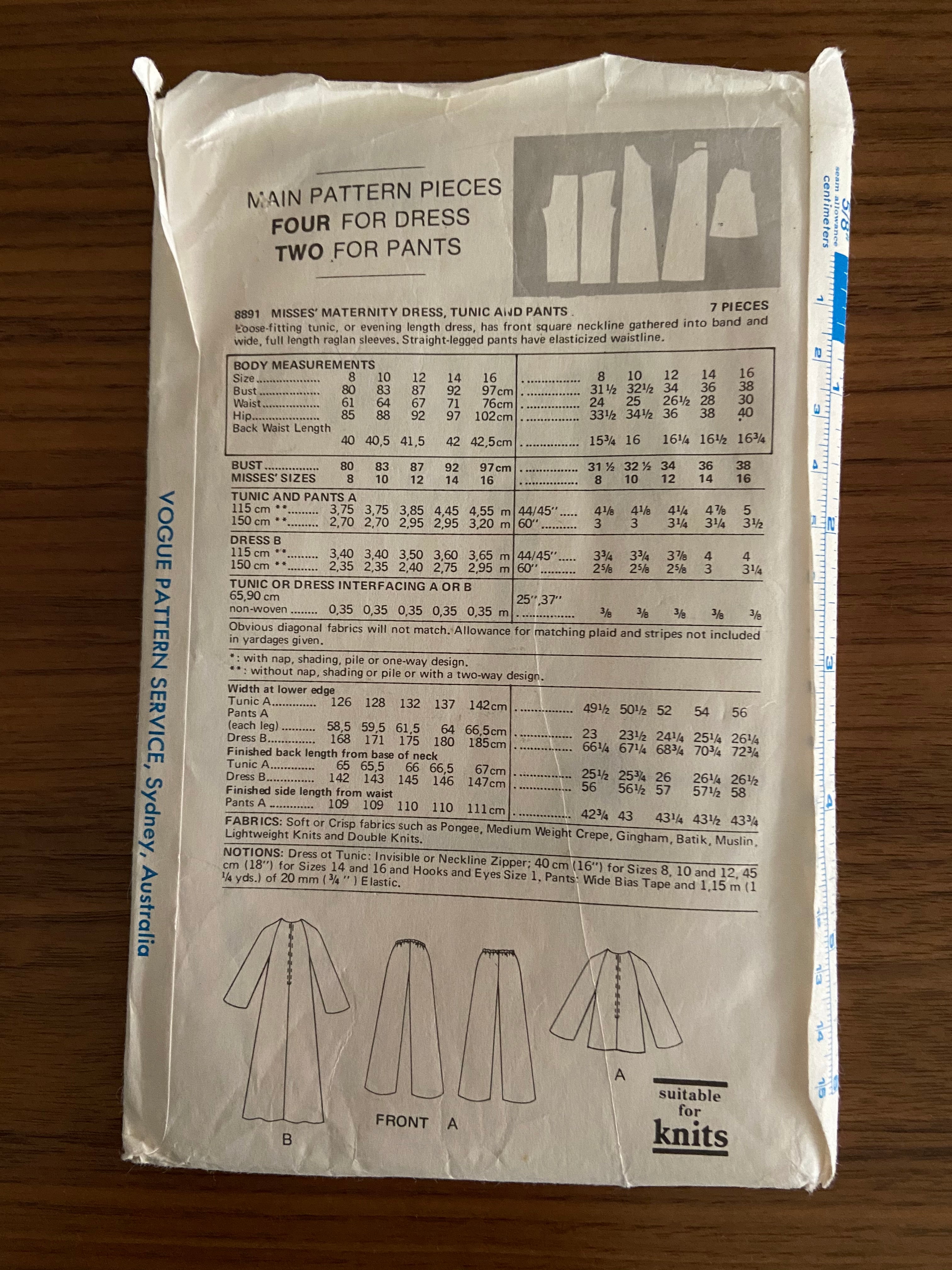 Vogue 8891 vintage 1970s maternity dress, tunic and pants pattern Bust 34 inches