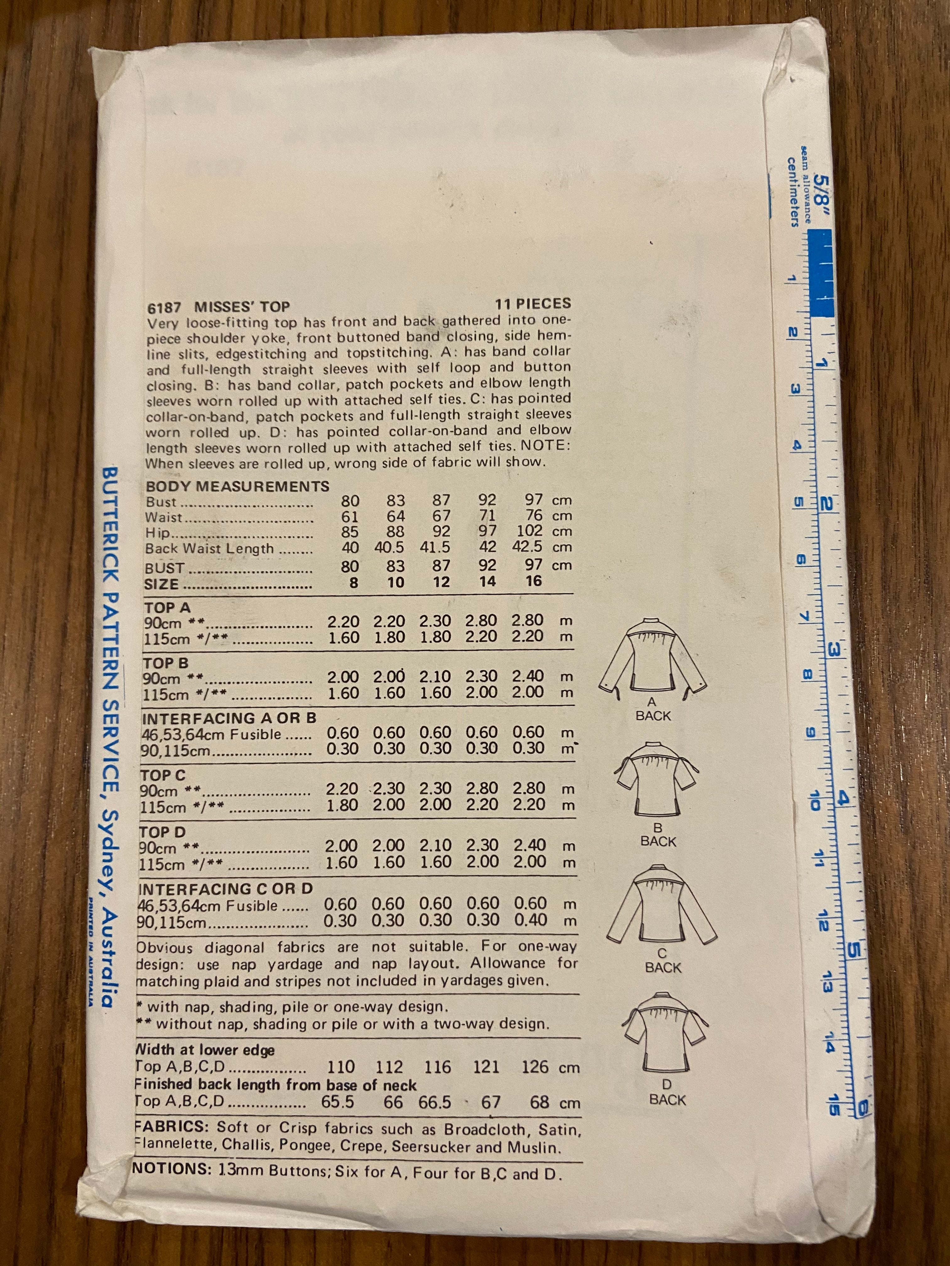 Butterick 6187 vintage 1980s top sewing pattern