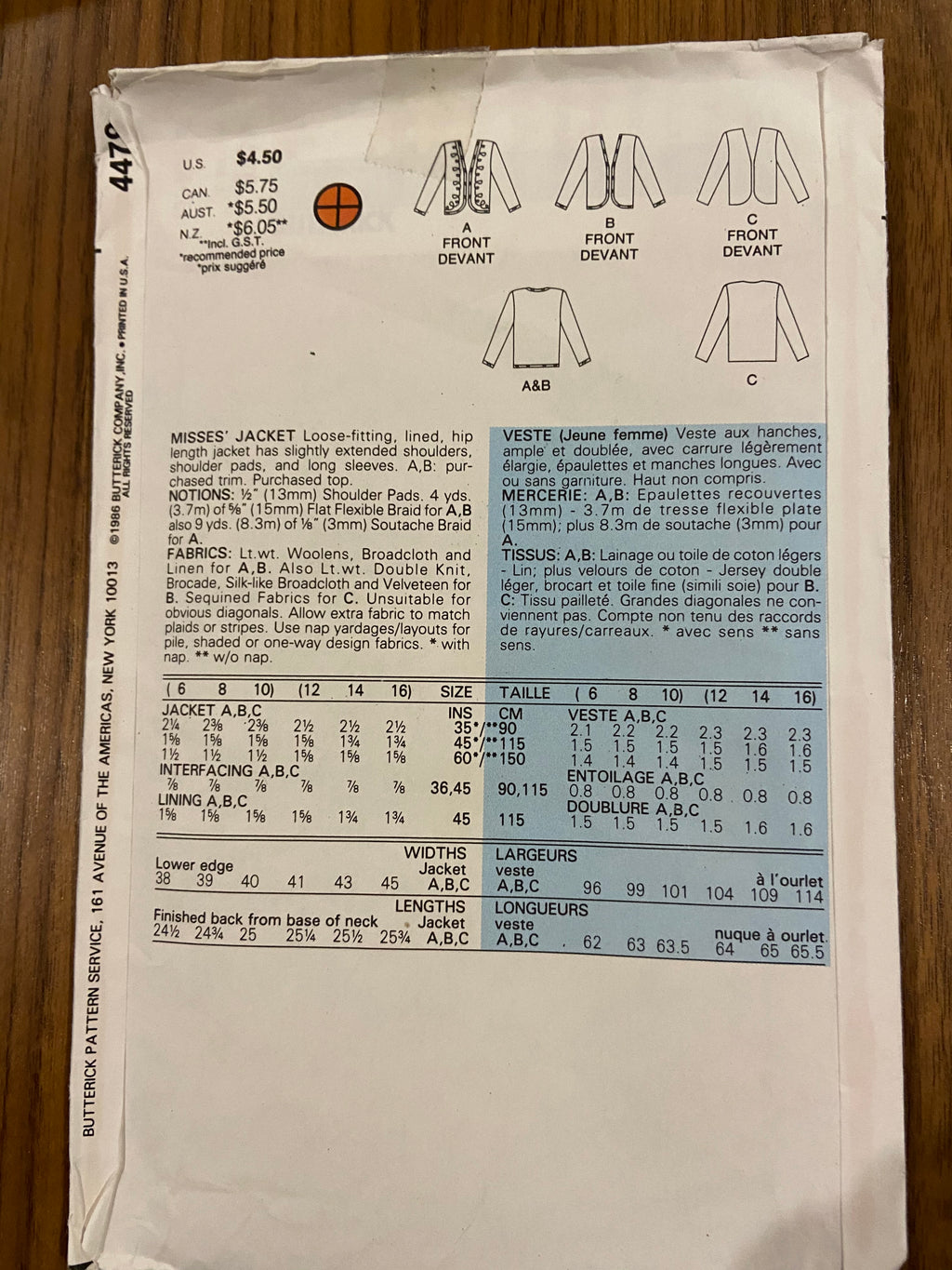 Butterick 4479 vintage 1980s jacket sewing pattern