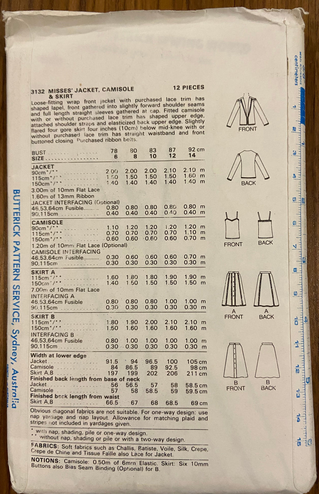 Butterick 3132 vintage 1980s skirt, jacket and camisole top sewing pattern. Bust 34