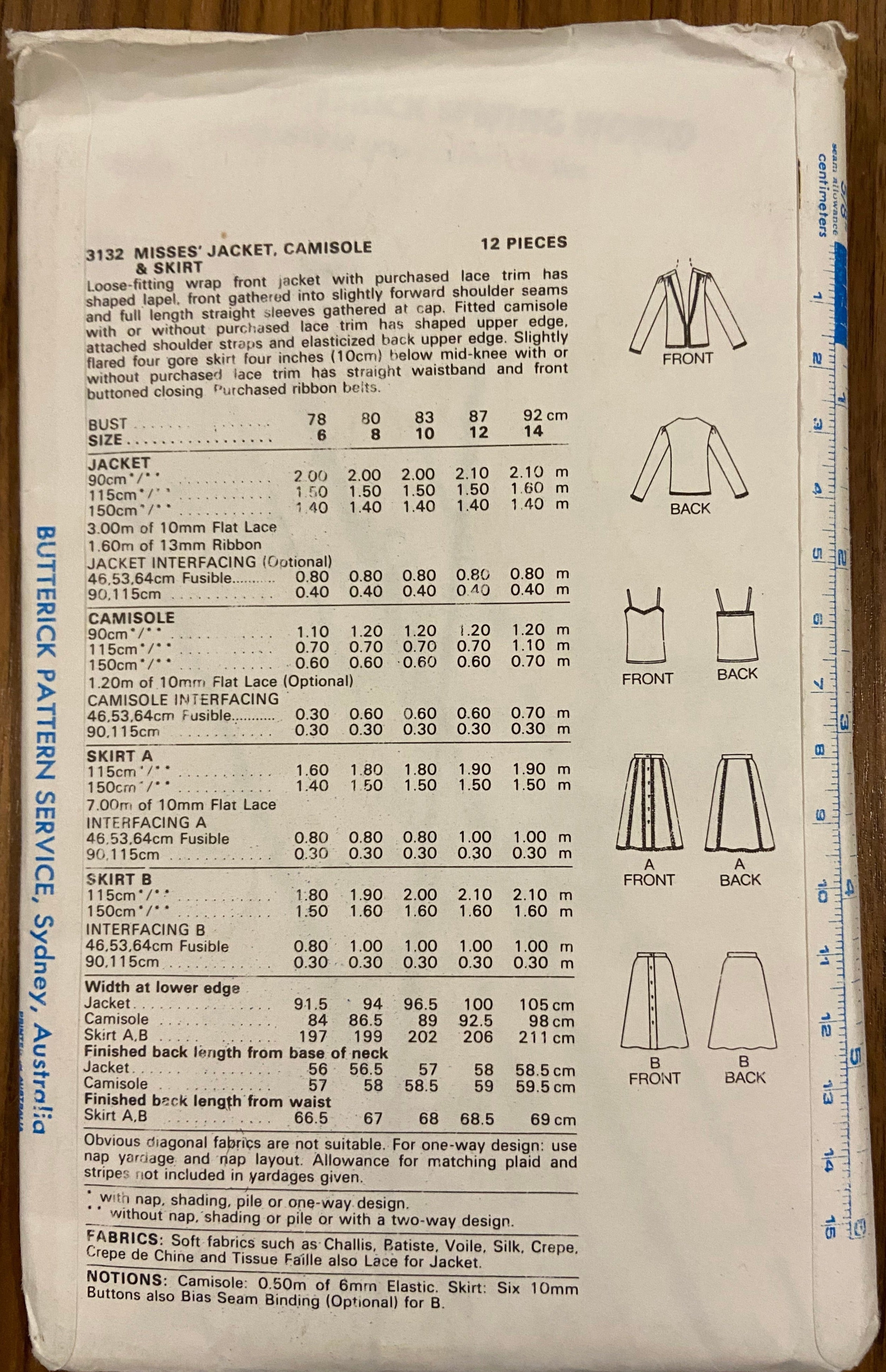 Butterick 3132 vintage 1980s skirt, jacket and camisole top sewing pattern. Bust 34