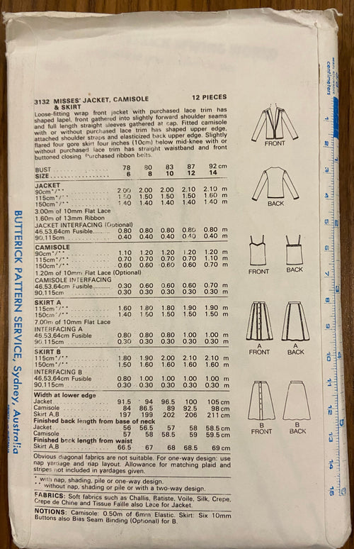Butterick 3132 vintage 1980s skirt, jacket and camisole top sewing pattern. Bust 34