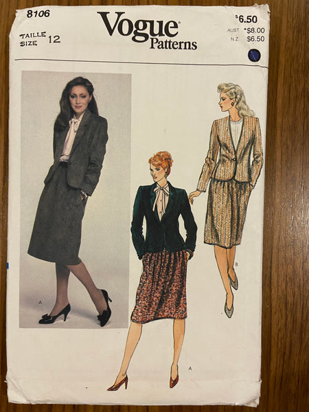 Vogue 8106 vintage 1980s skirt and jacket sewing pattern Bust 34 inches