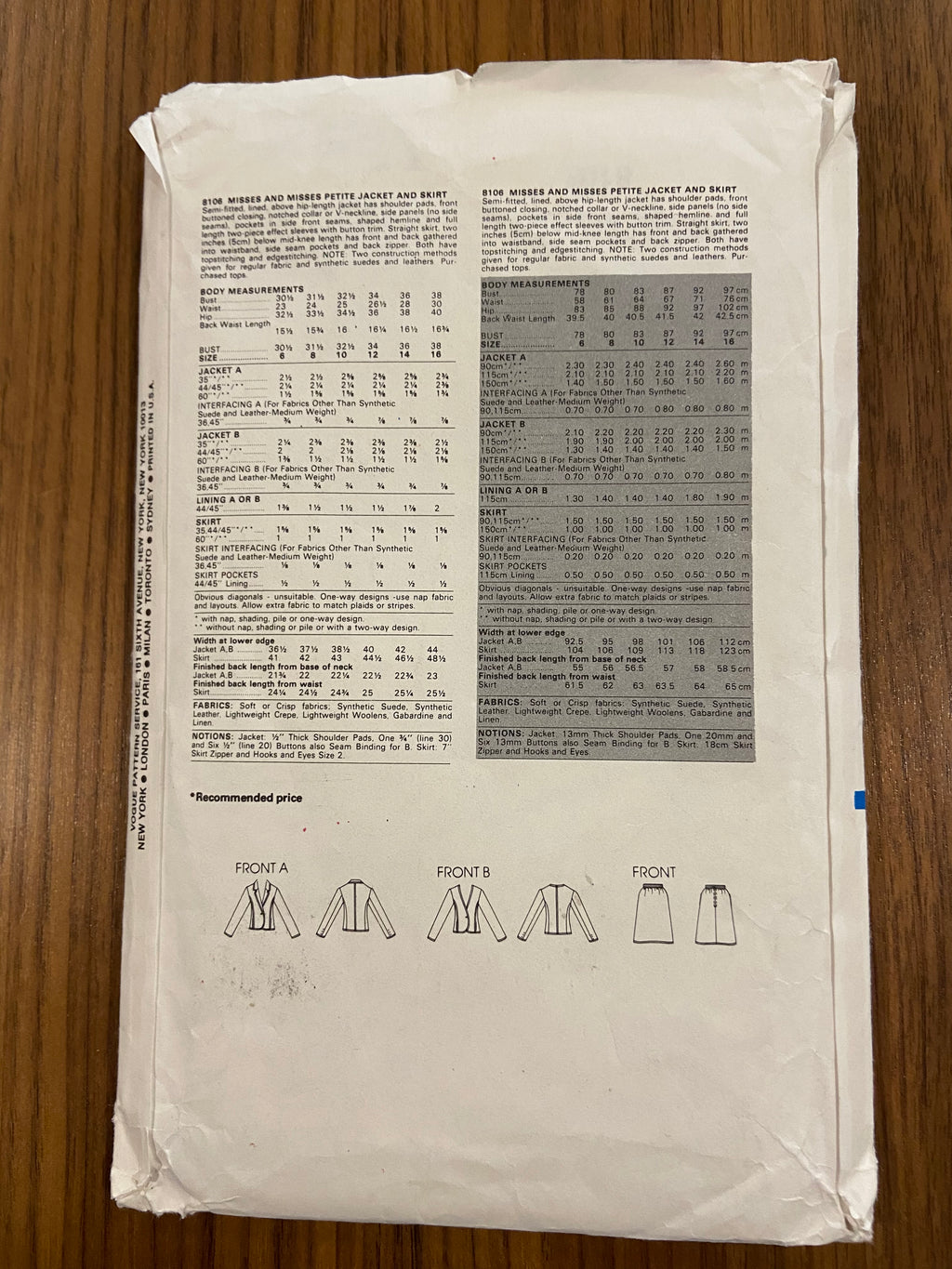 Vogue 8106 vintage 1980s skirt and jacket sewing pattern Bust 34 inches