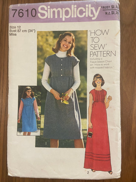 Simplicity 7610 vintage 1970s dress or jumper pattern Bust 34 inches