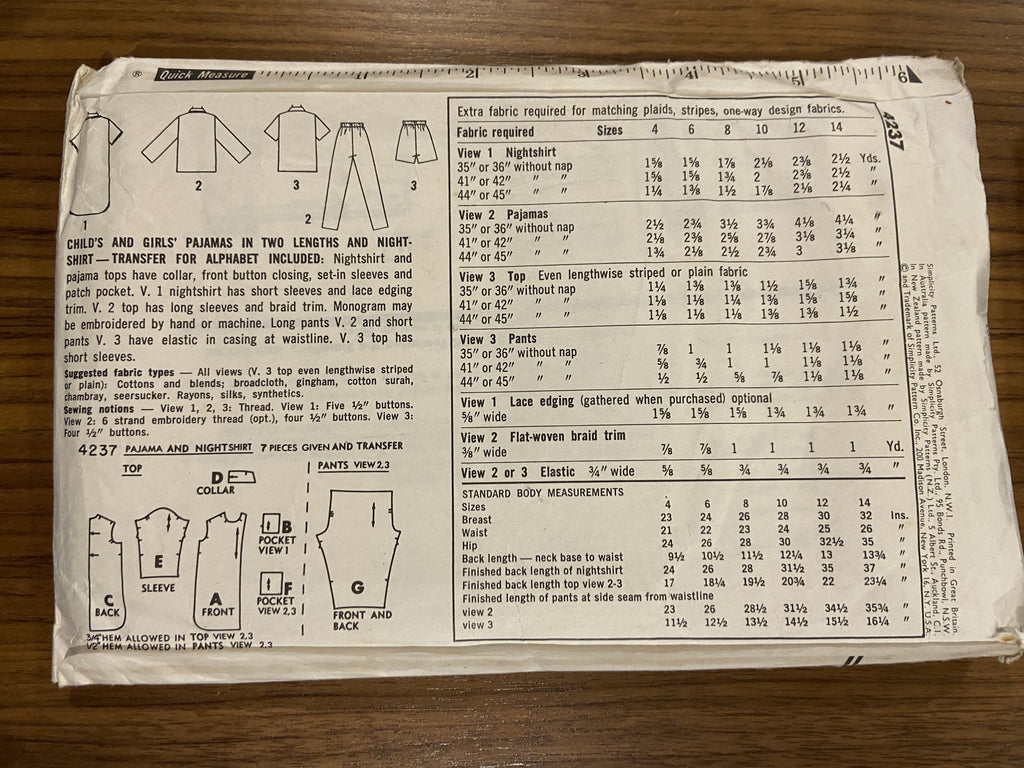 Simplicity 4237 1960s vintage child's pajamas and nightshirt