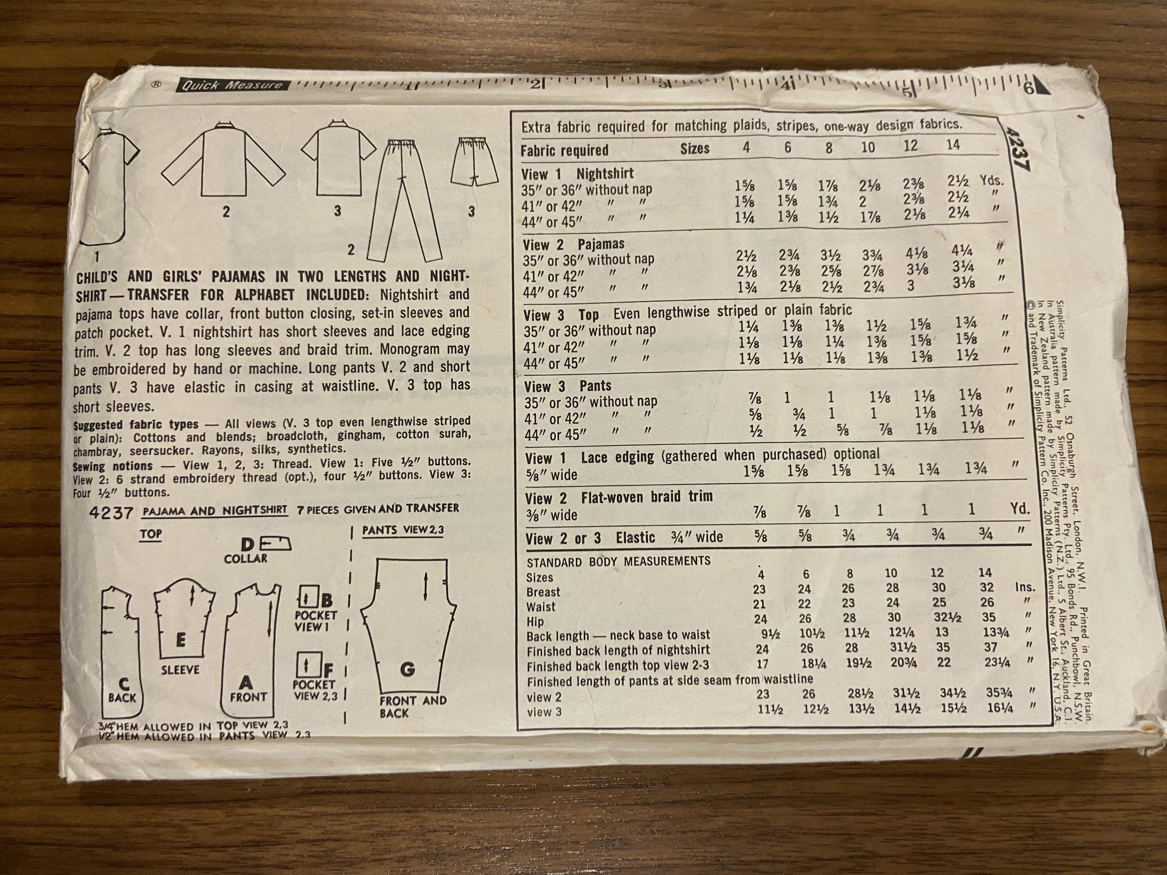 Simplicity 4237 1960s vintage child's pajamas and nightshirt