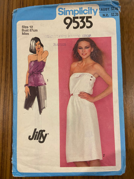 Simplicity 9535 vintage 1980s jifffy dress and top sewing pattern Bust 34 inches