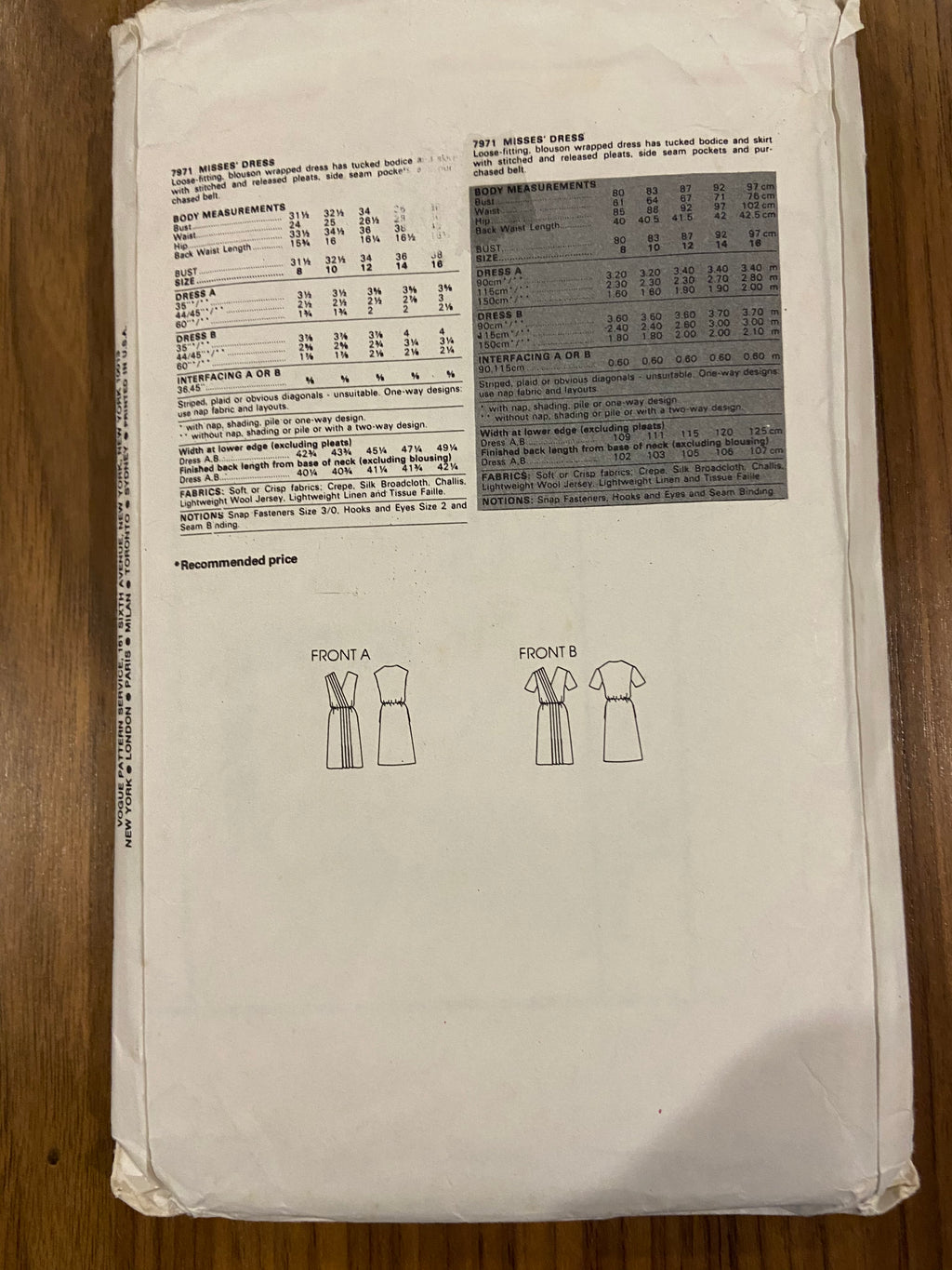 Vogue 7971 Vintage 1980s dress pattern Bust 38 inches