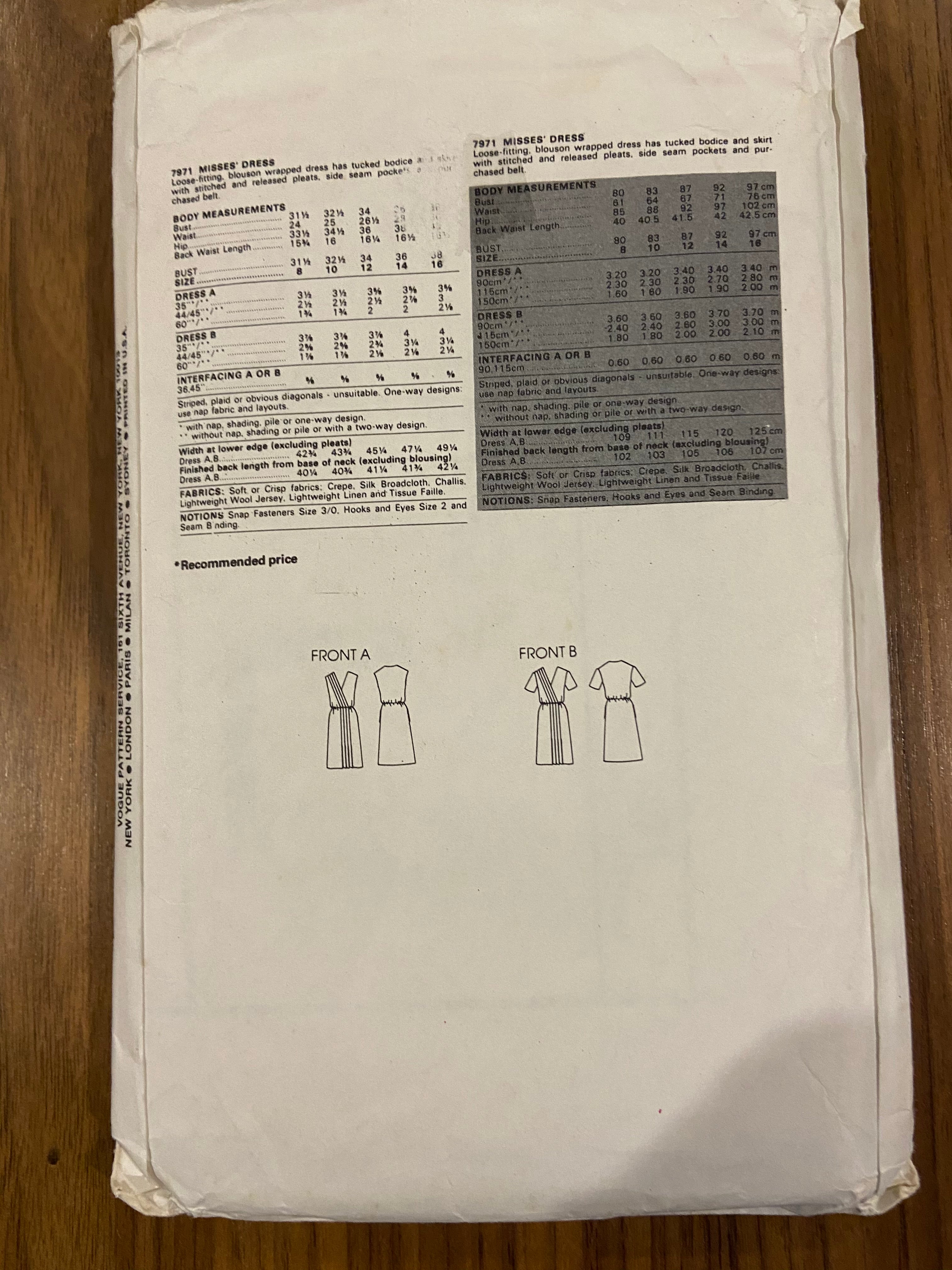 Vogue 7971 Vintage 1980s dress pattern Bust 38 inches