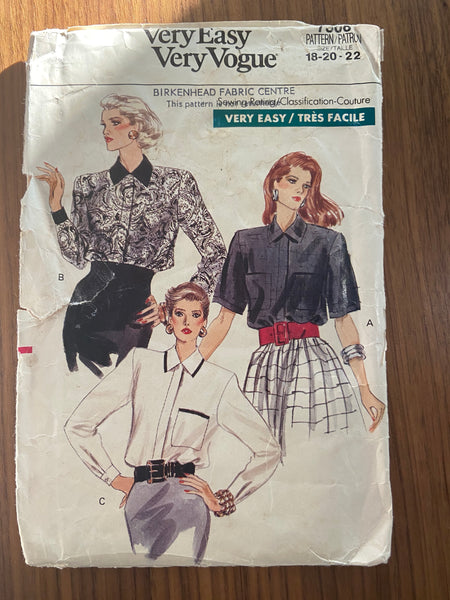 Vogue 7308 very easy very vogue vintage 1980s blouse sewing pattern Bust 40, 42, 44 inches