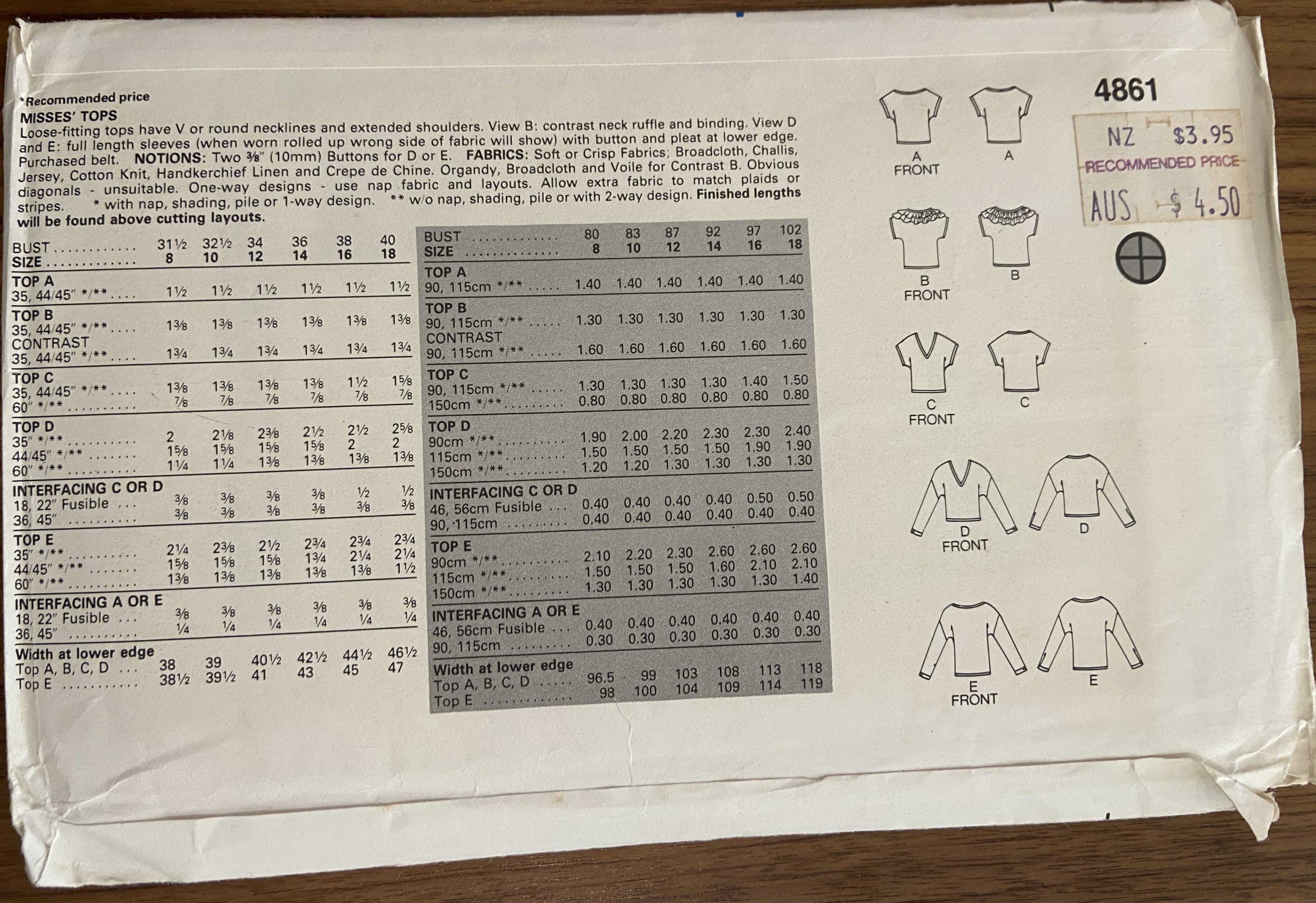 Butterick 4861 vintage 1980s tops sewing pattern