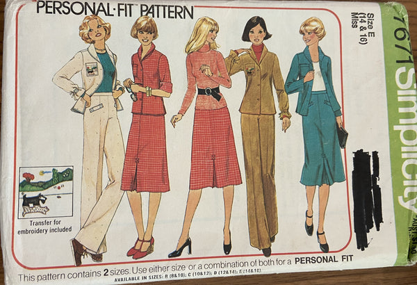 Simplicity 7671 vintage 1970s jacket skirt and pants pattern Bust 36 and 38 inches