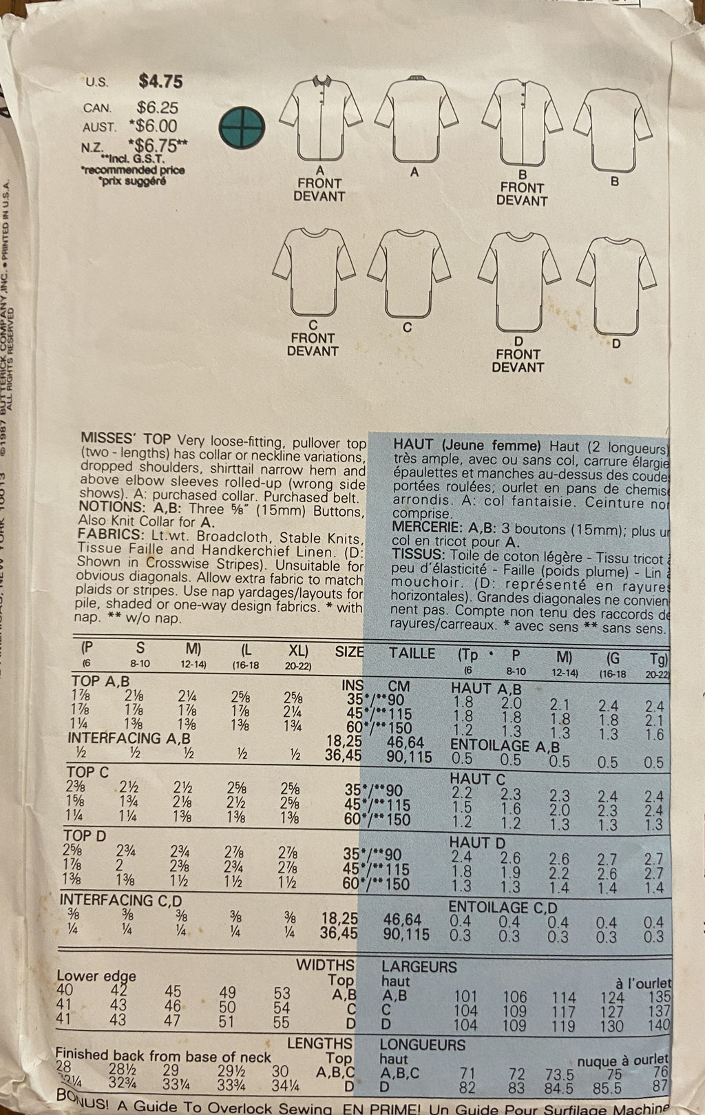 Butterick 4759 vintage 1980s top sewing pattern