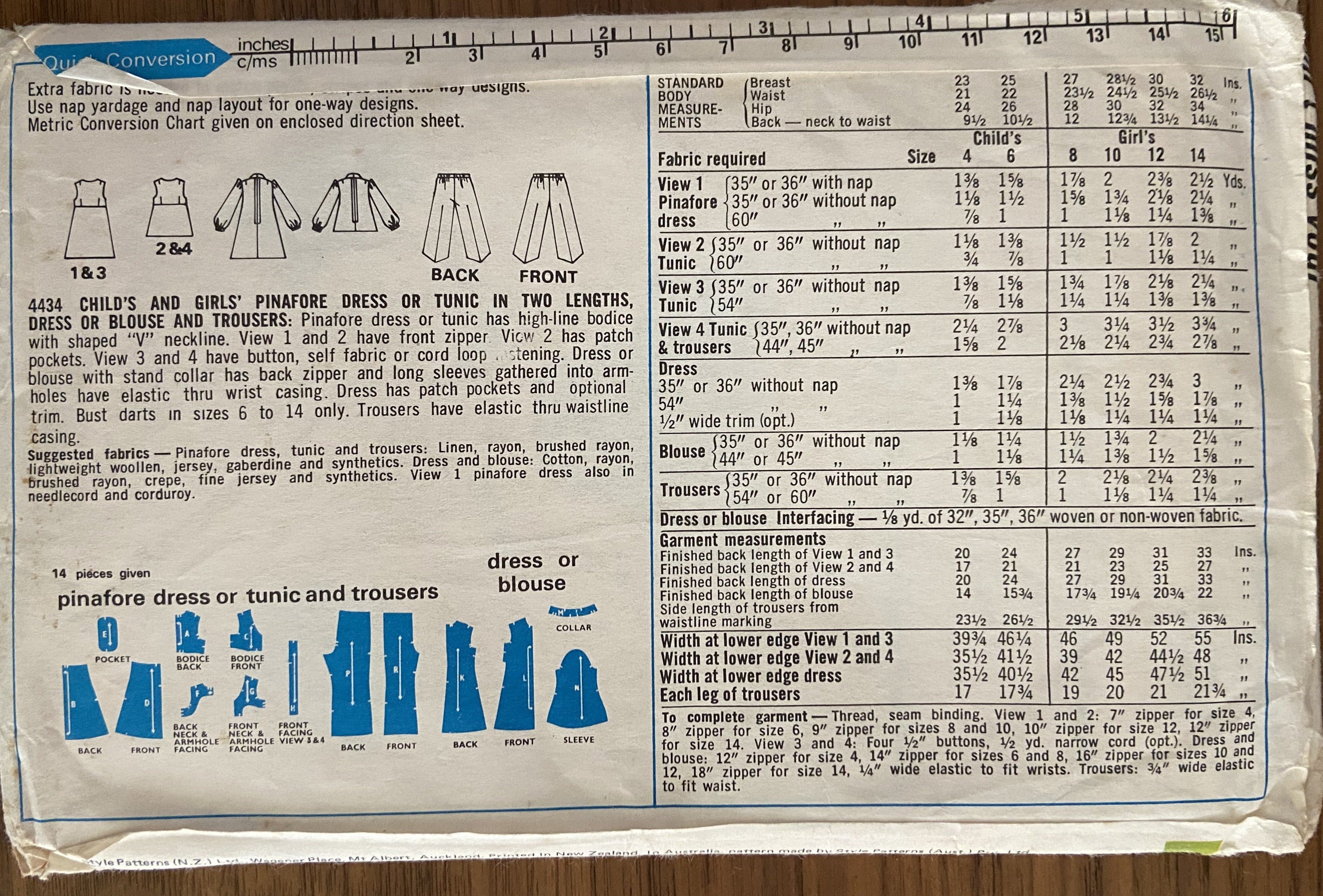 Style 4434 vintage 1970s child's pinafore dress or tunic, dress or blouse and trousers pattern