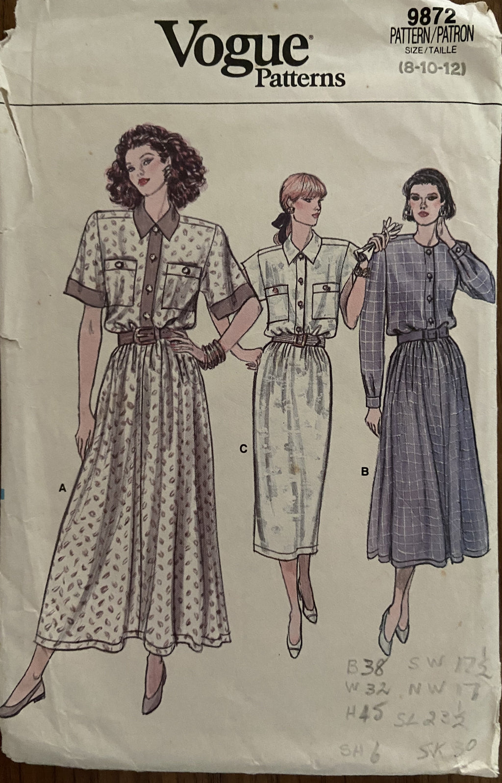 Vogue 9872 vintage 1980s dress sewing pattern Bust 31 1/2, 32 1/2, 34 inches
