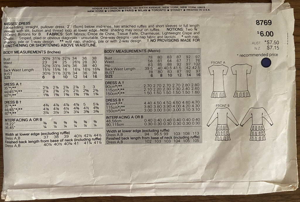 Vogue 8769 vintage 1990s dress sewing pattern bust 34 and 36 inches