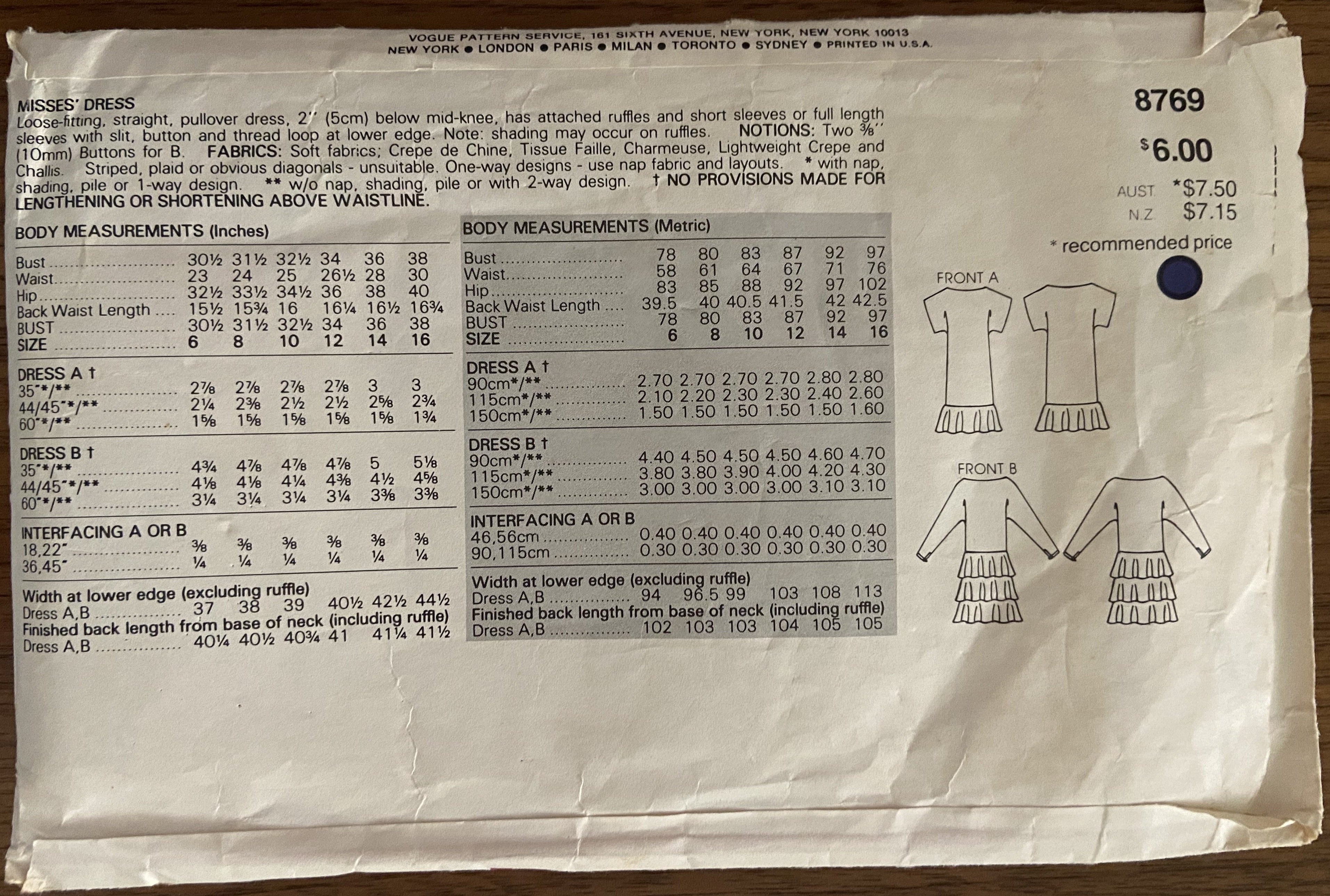 Vogue 8769 vintage 1990s dress sewing pattern bust 34 and 36 inches