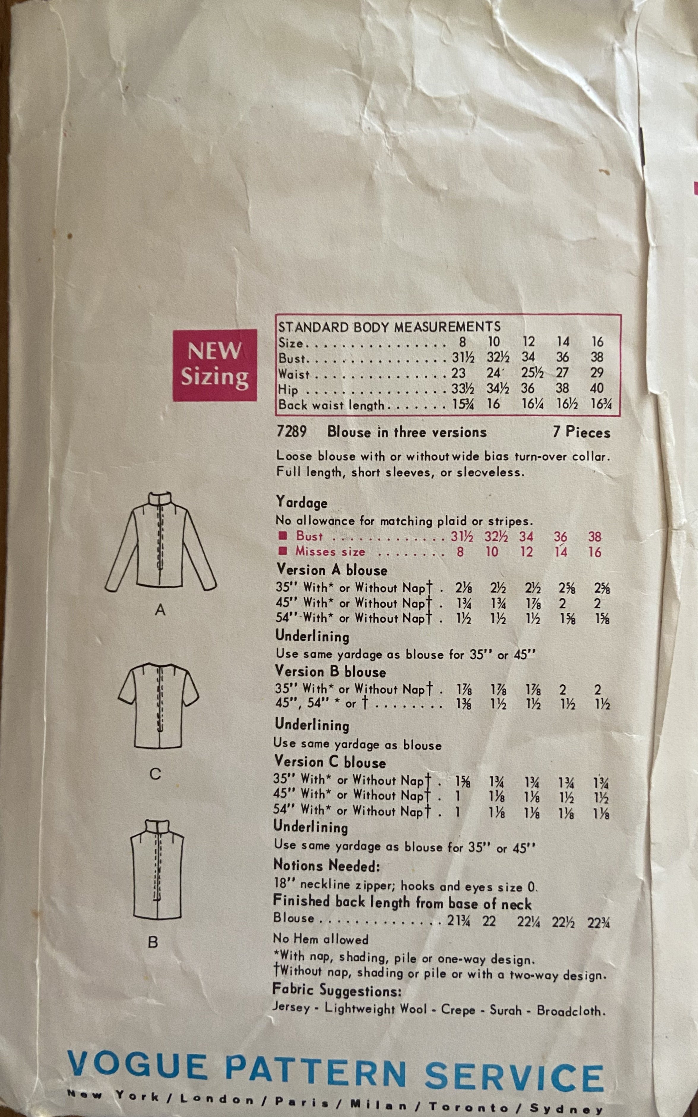 Vogue 7289 vintage 1960s blouse pattern Bust 36 inches