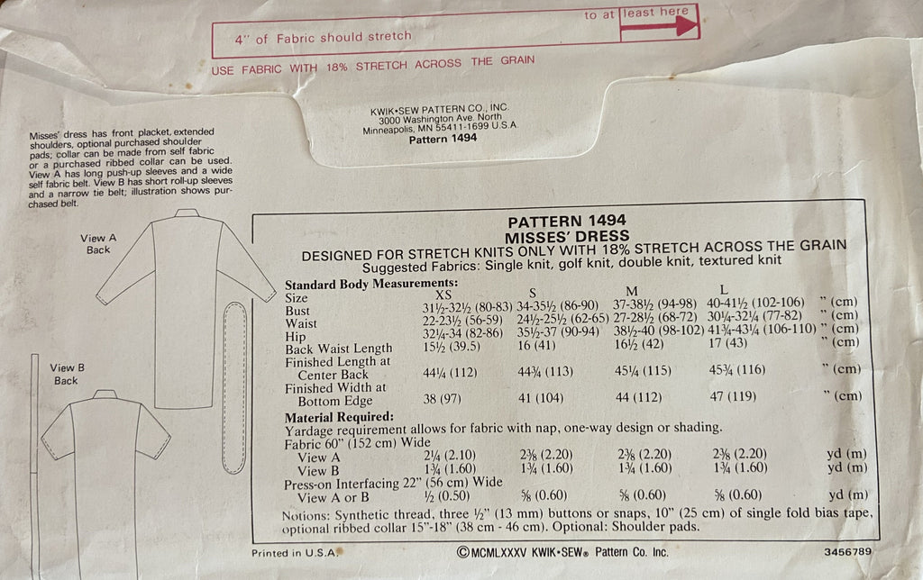 Kwik sew 1494 Kerstin Martensson 1980s dress pattern
