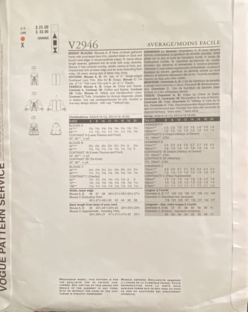 Vogue v2946 Oscar de la Renta American Designer blouse sewing pattern Bust 30 1/2, 31 1/2, 32 1/2, 34 inches