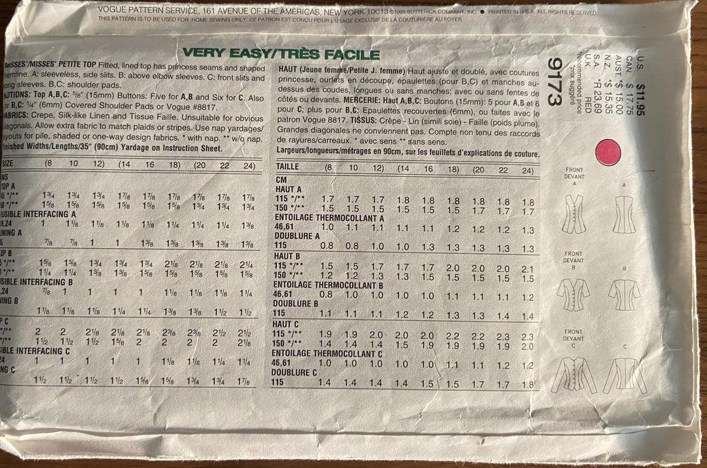 Vogue very easy very vogue Vintage 1990s top pattern Bust 31 1/2, 32 1/2, 34 inches