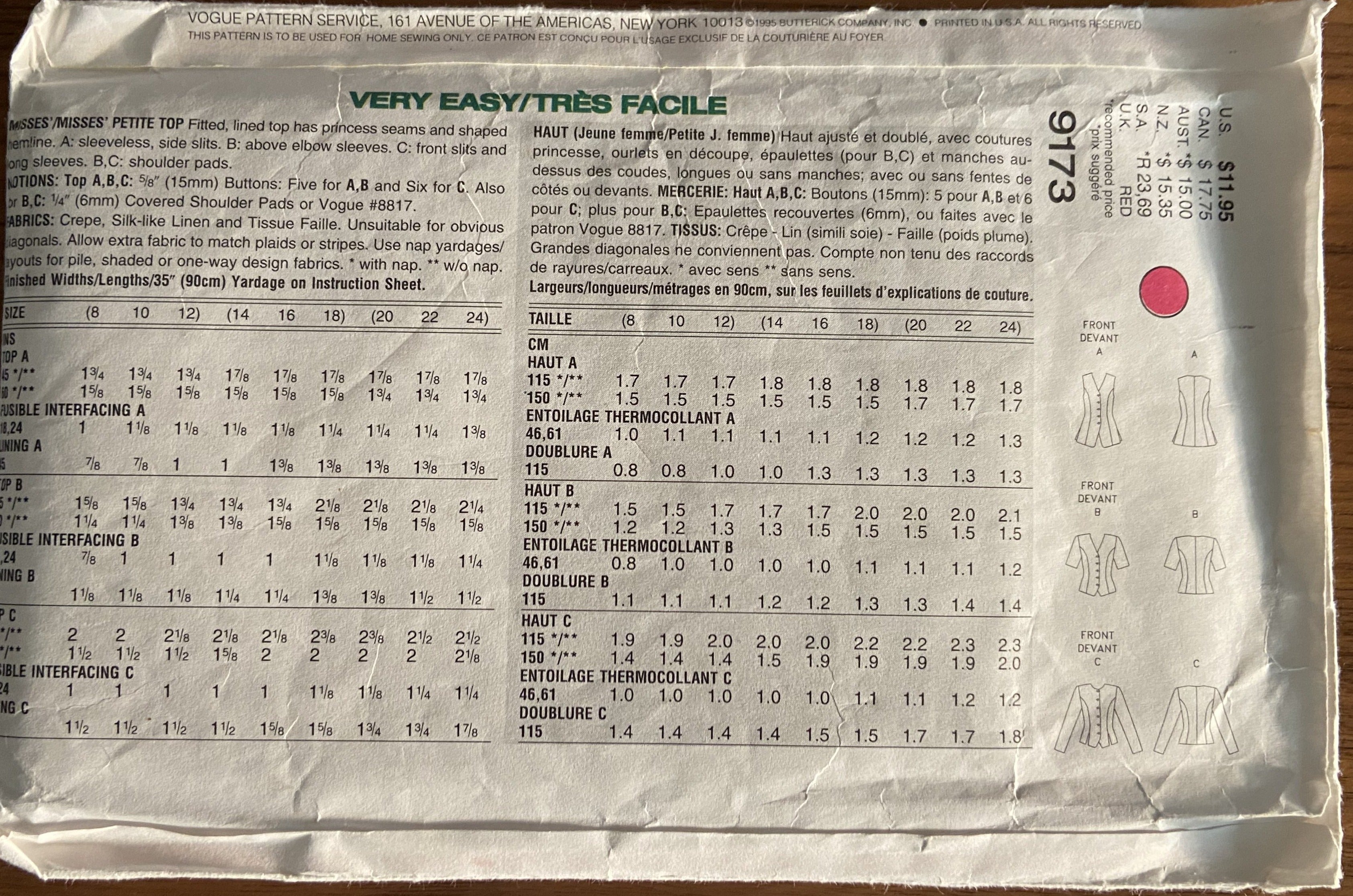 Vogue very easy very vogue Vintage 1990s top pattern Bust 31 1/2, 32 1/2, 34 inches