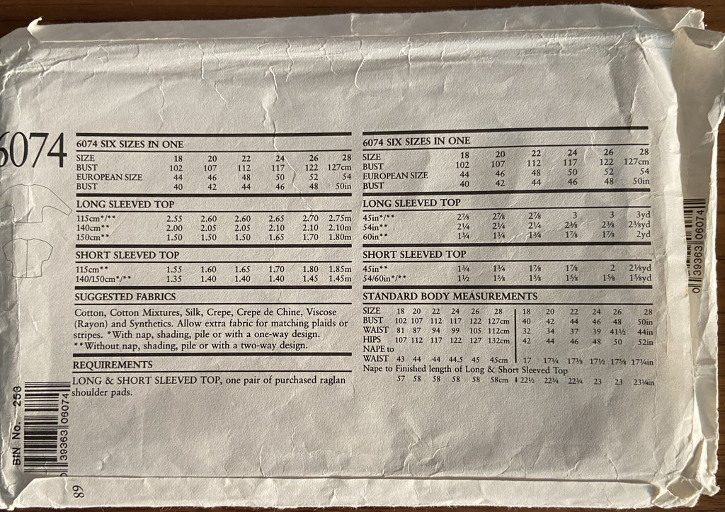 New Look 6074 Vintage 1980s top pattern