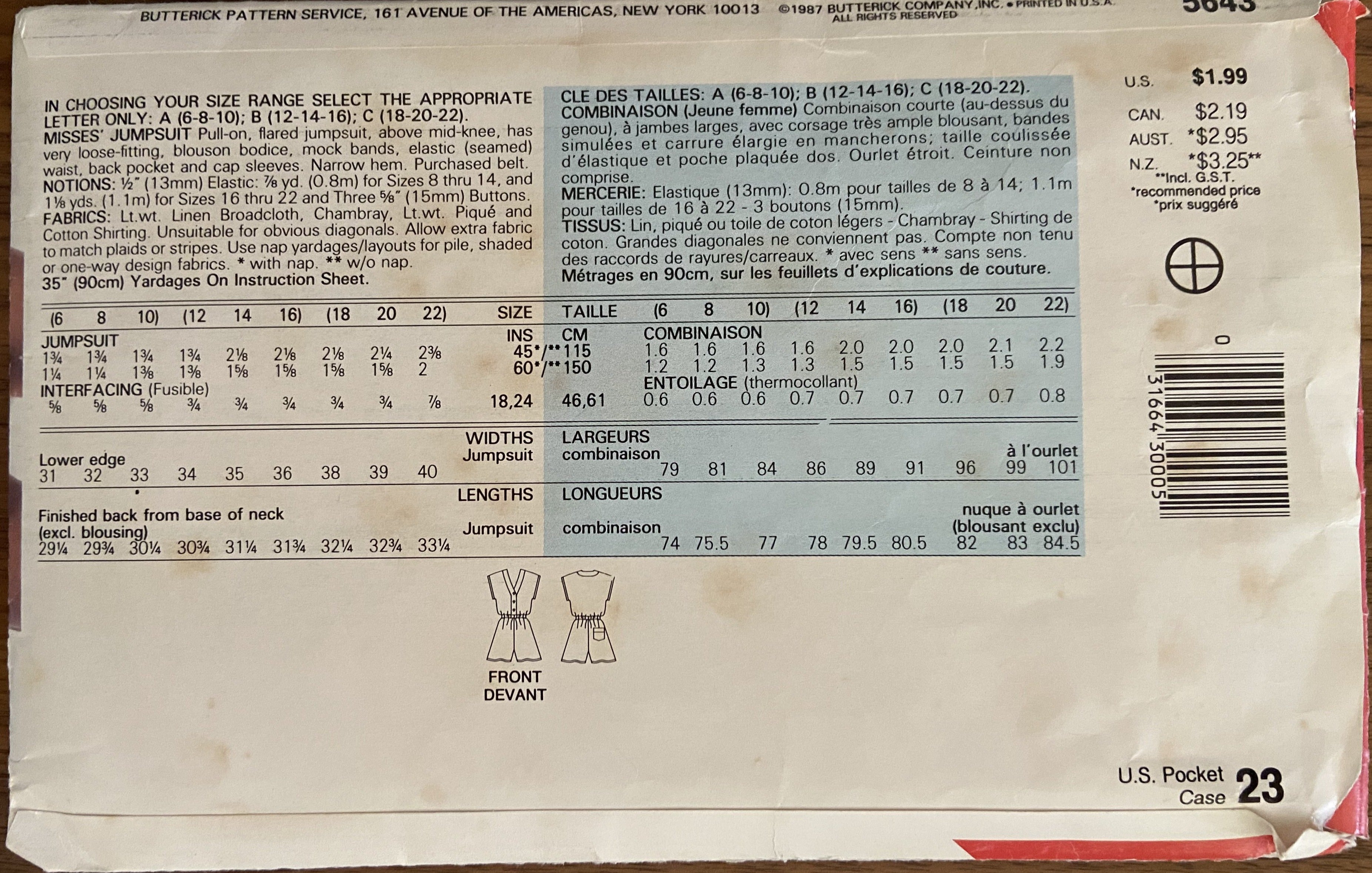 Butterick 5643 vintage 1980s jumpsuit sewing pattern