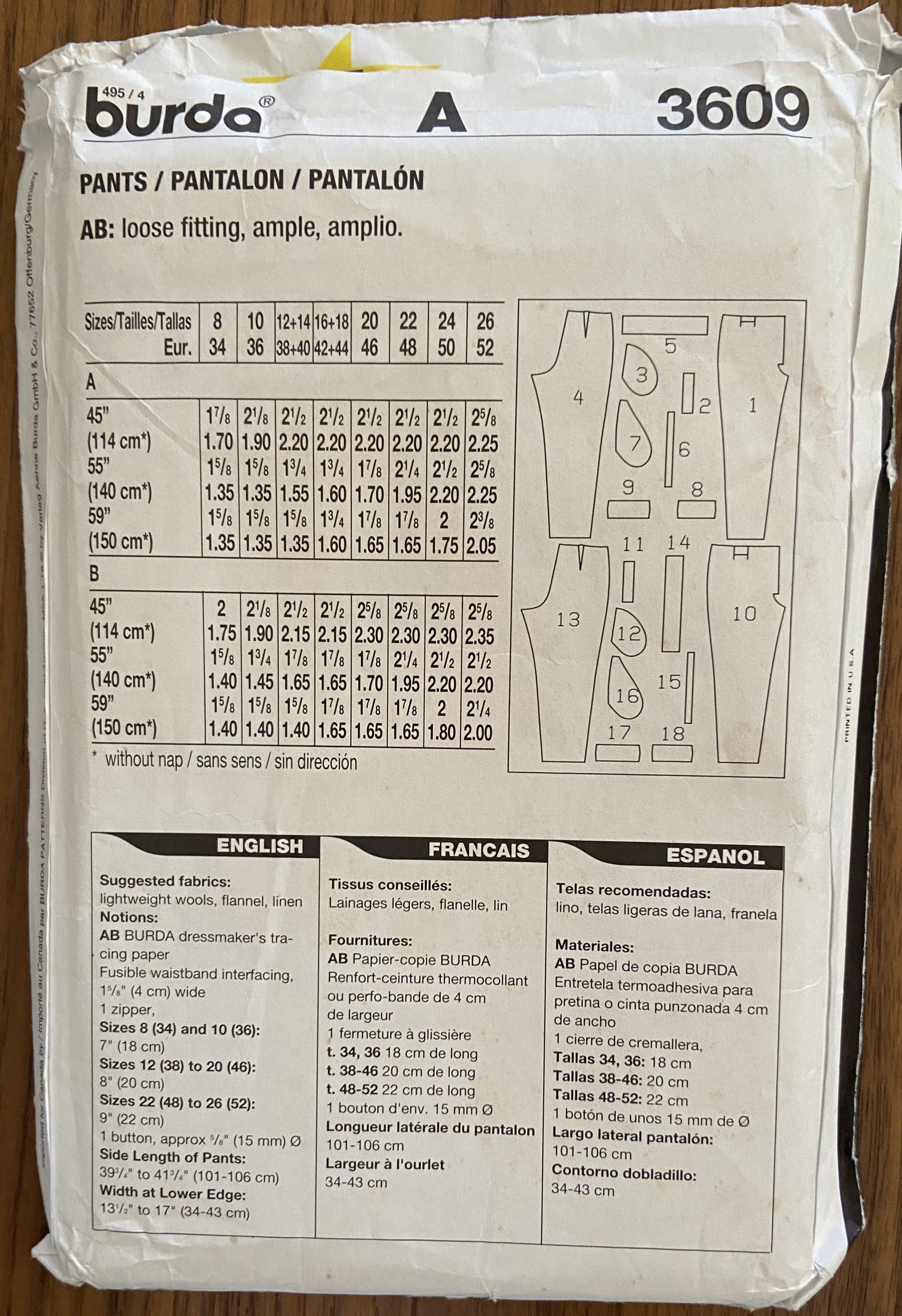 Burda 3609 vintage 1990s pants sewing pattern multisize