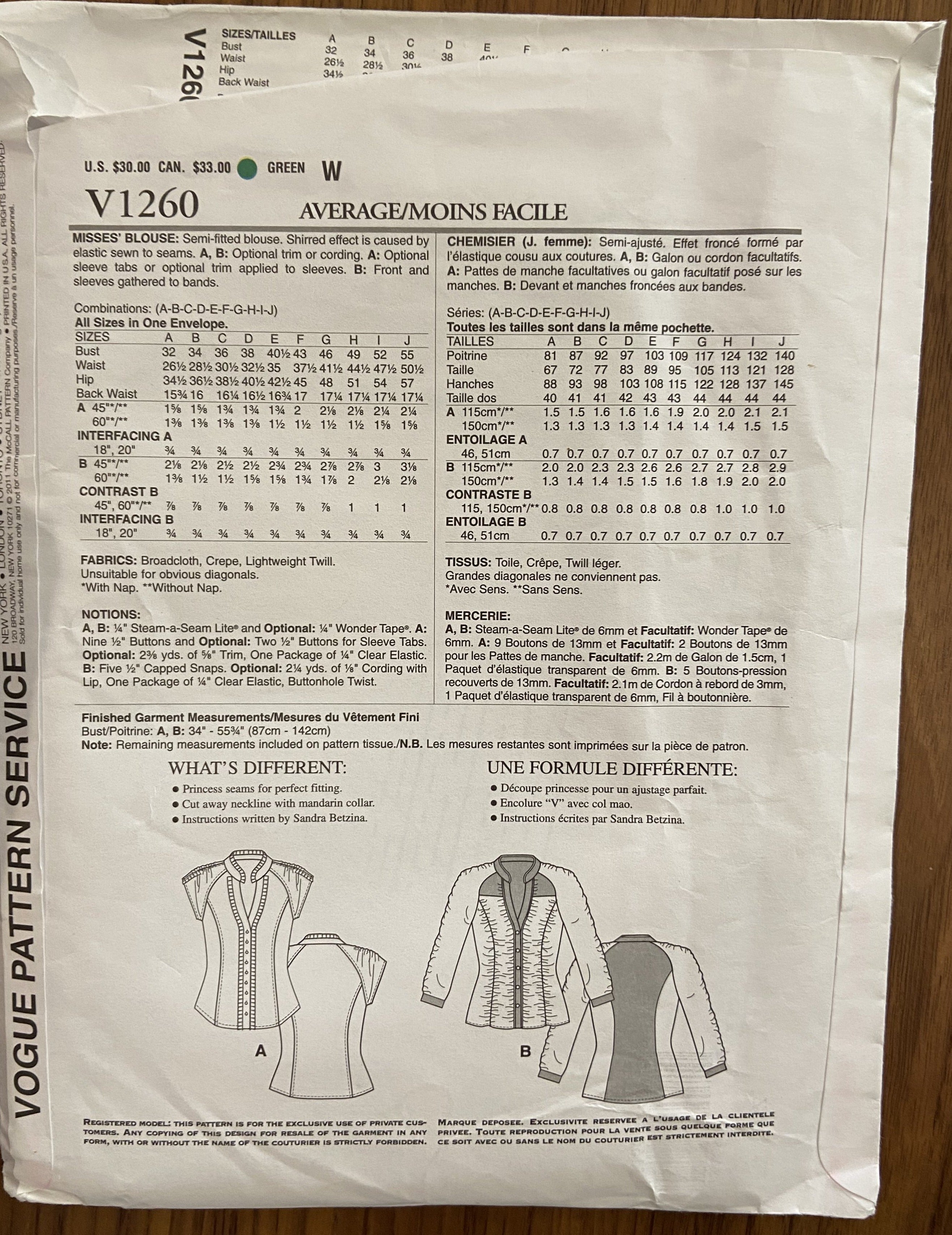 Vogue v1260 today's fit by Sandra Betzina blouse sewing pattern Bust 32 to 55 inches