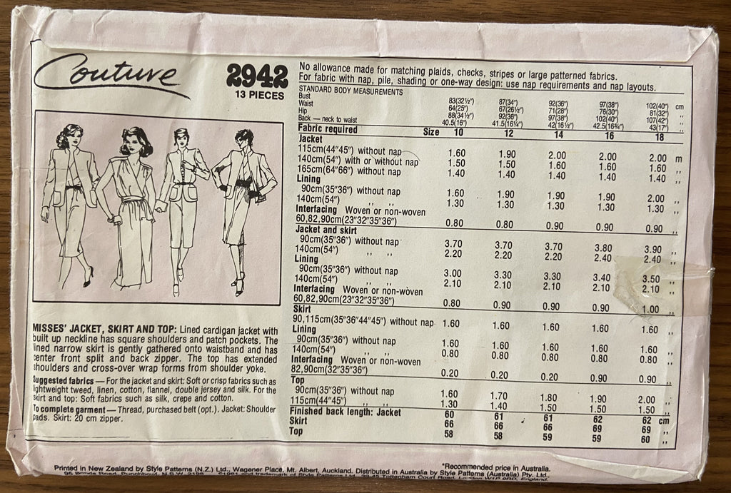 Style 2942 vintage 1980s skirt, jacket and top sewing pattern Bust 36 inches
