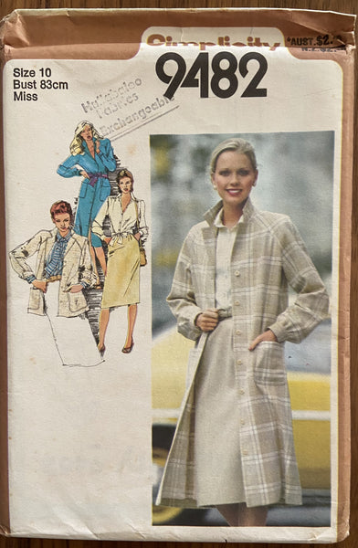 Simplicity 9482 vintage 1980s dress, shirt, skirt and coat pattern