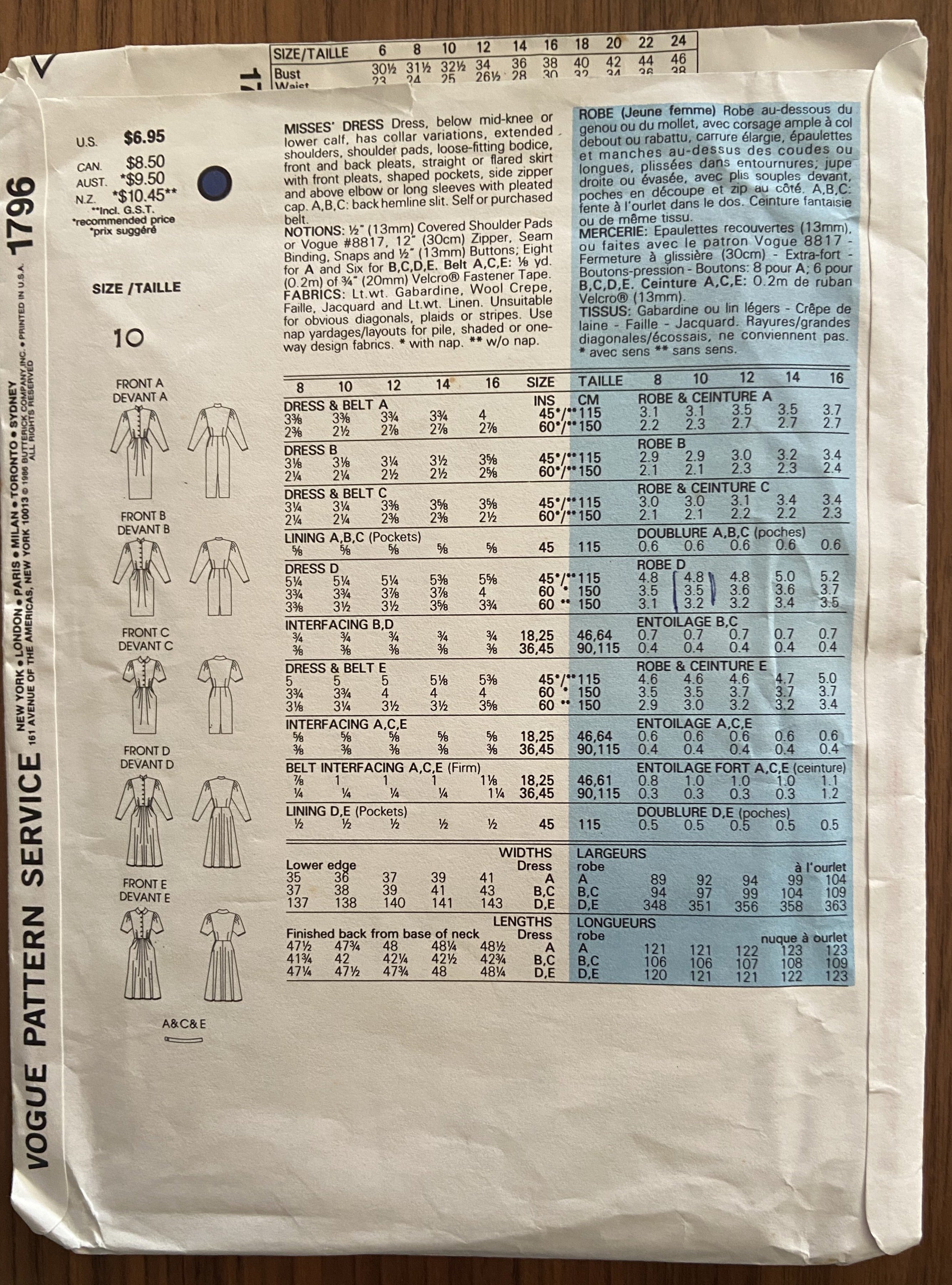 Vogue 1796 vintage 1980s dress pattern Bust 32 1/2 inches and Bust 34 inches