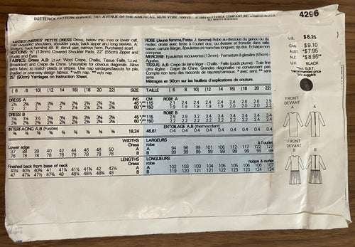 Butterick 4296 Vintage 1980s dress pattern