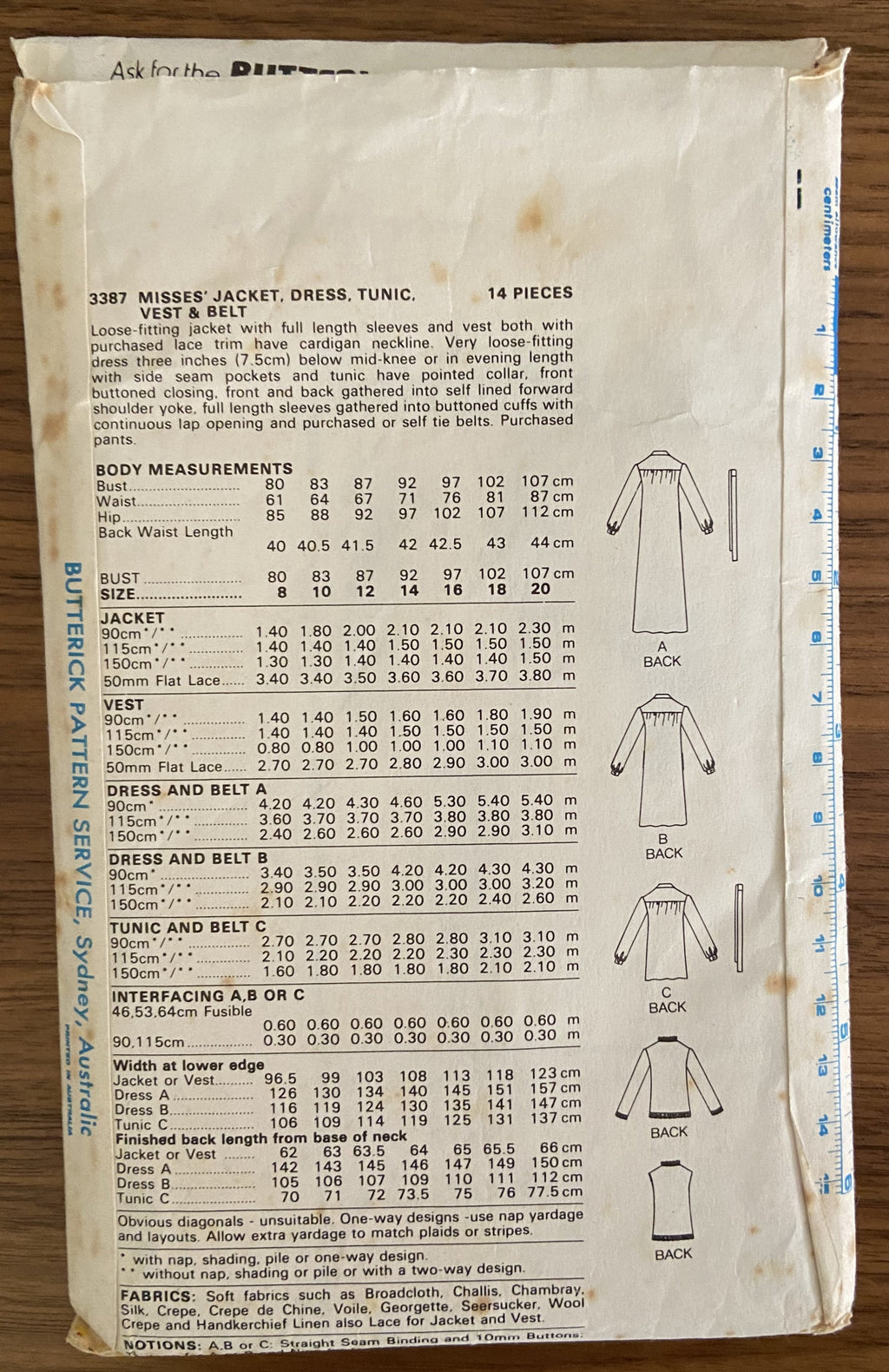 Butterick 3387 vintage 1970s  dress, jacket, tunic, vest and belt pattern