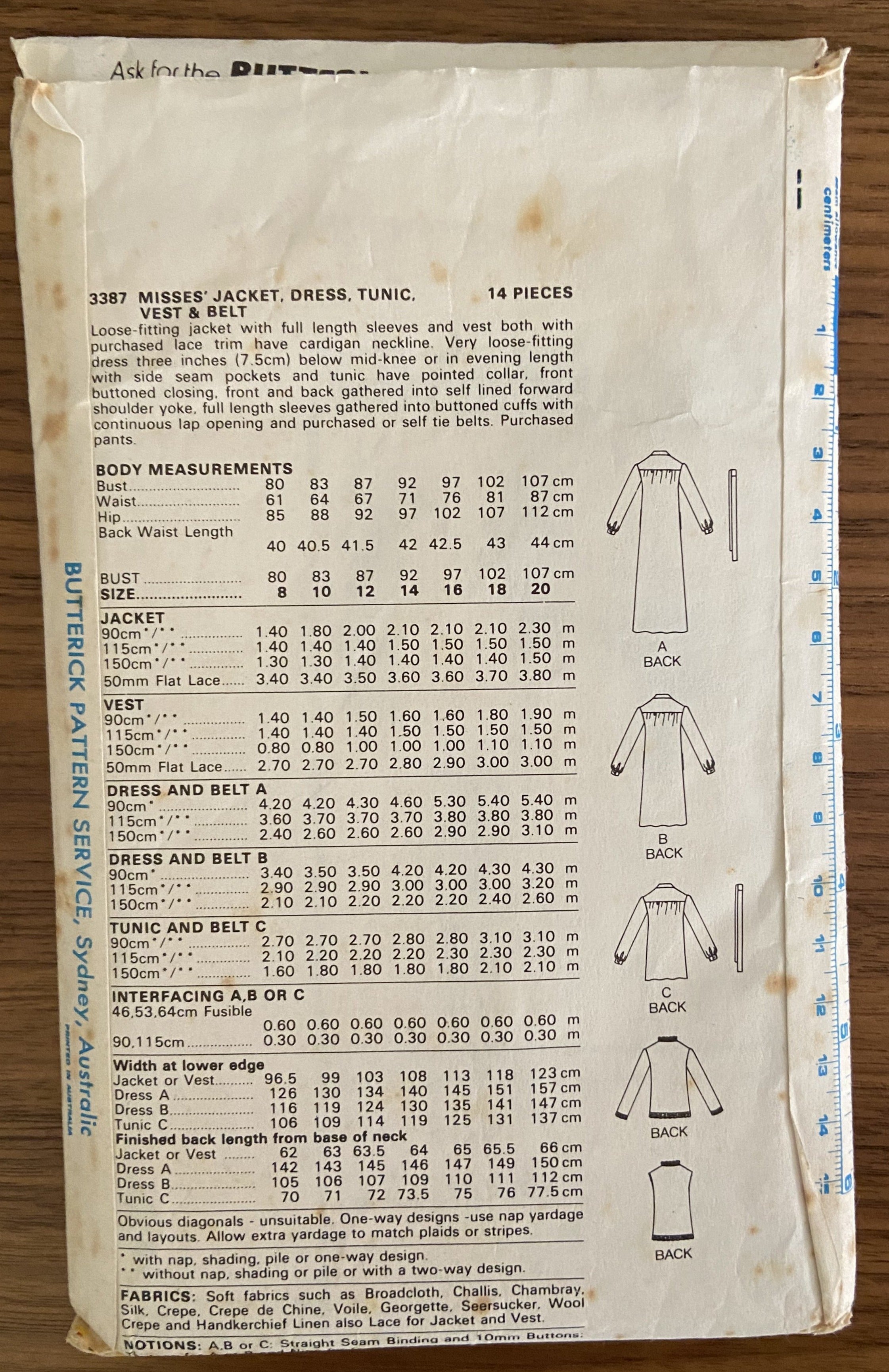 Butterick 3387 vintage 1970s  dress, jacket, tunic, vest and belt pattern
