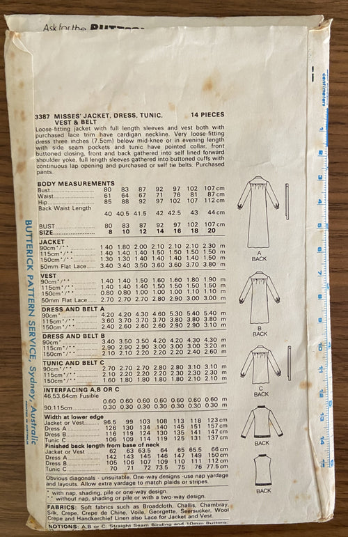 Butterick 3387 vintage 1970s  dress, jacket, tunic, vest and belt pattern