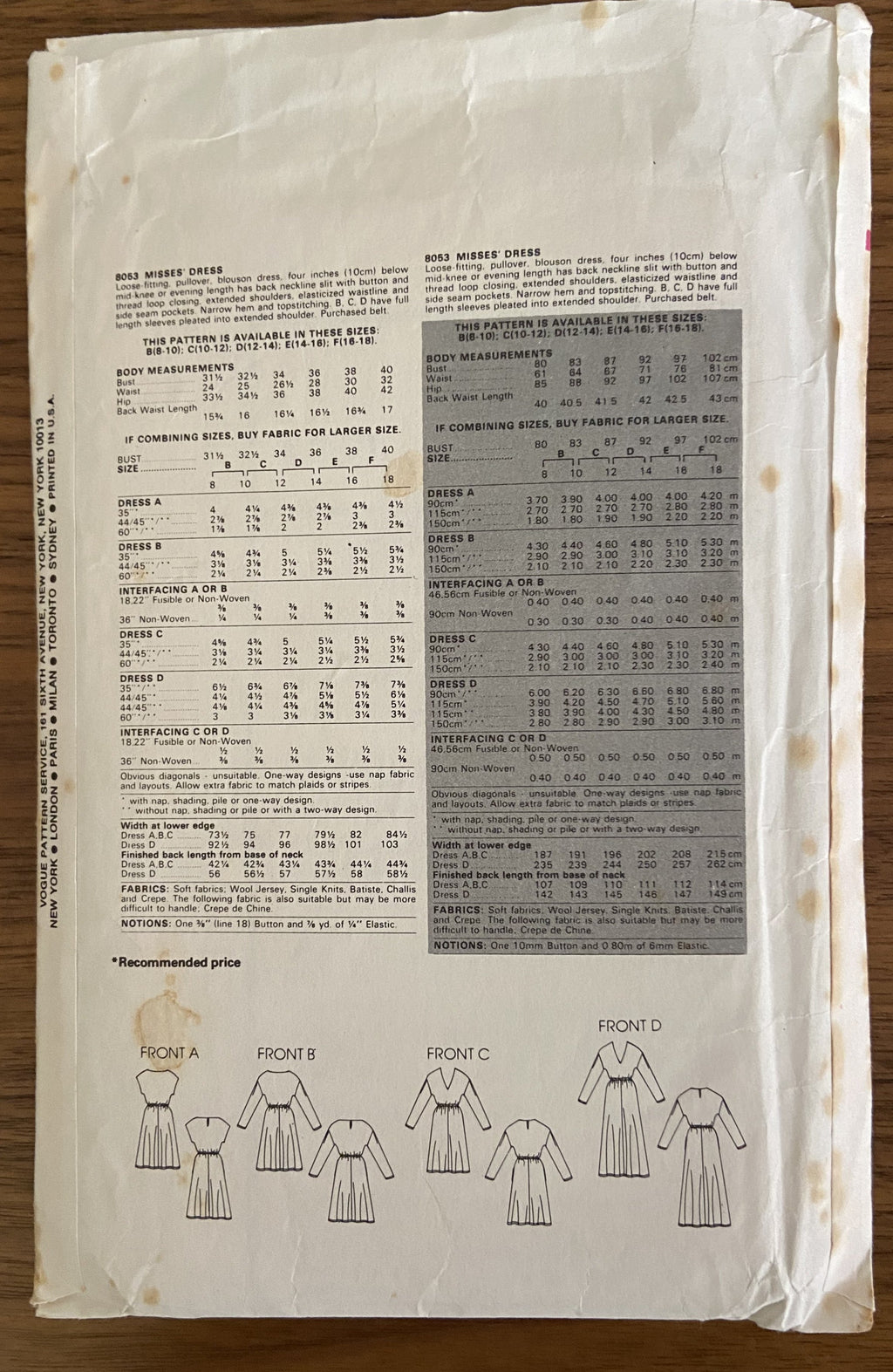 Vogue 8053 very easy very vogue vintage 1980s dress pattern Bust 31.5, 32.5 inches