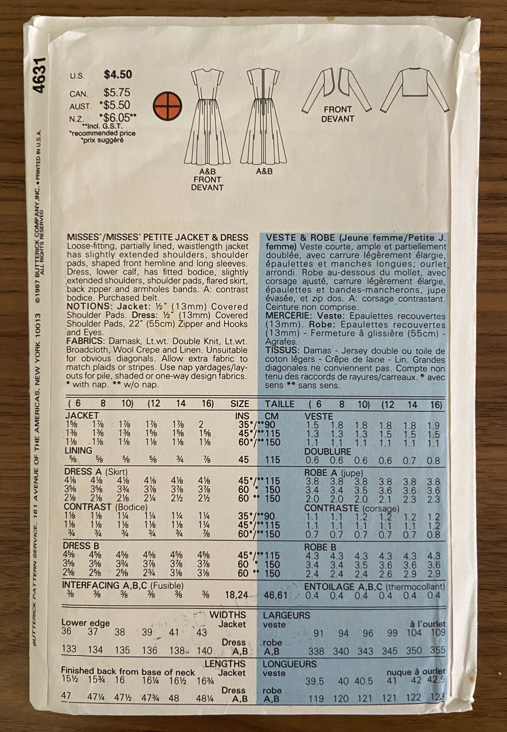 Butterick 4631 vintage 1980s dress and jacket sewing pattern