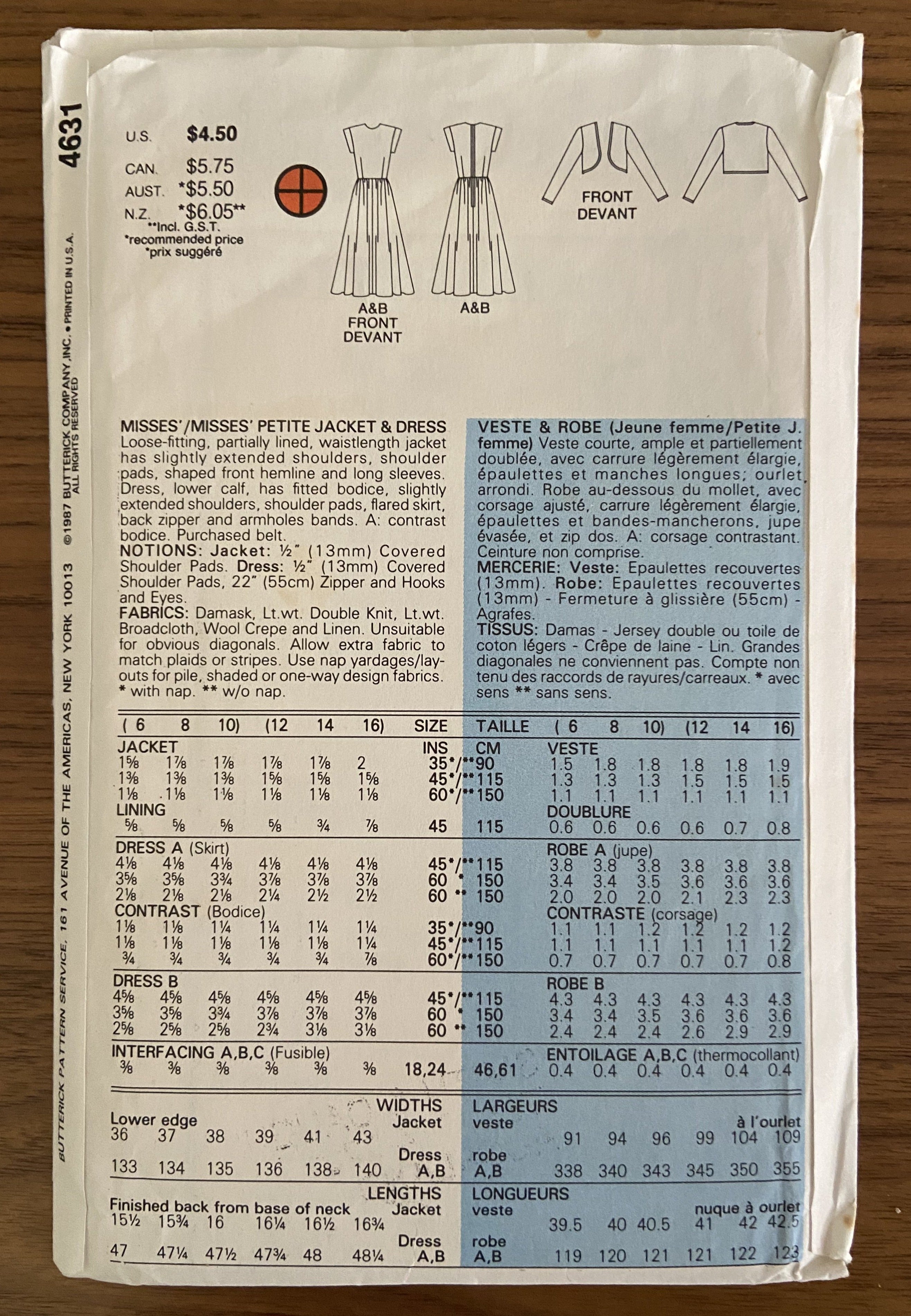 Butterick 4631 vintage 1980s dress and jacket sewing pattern