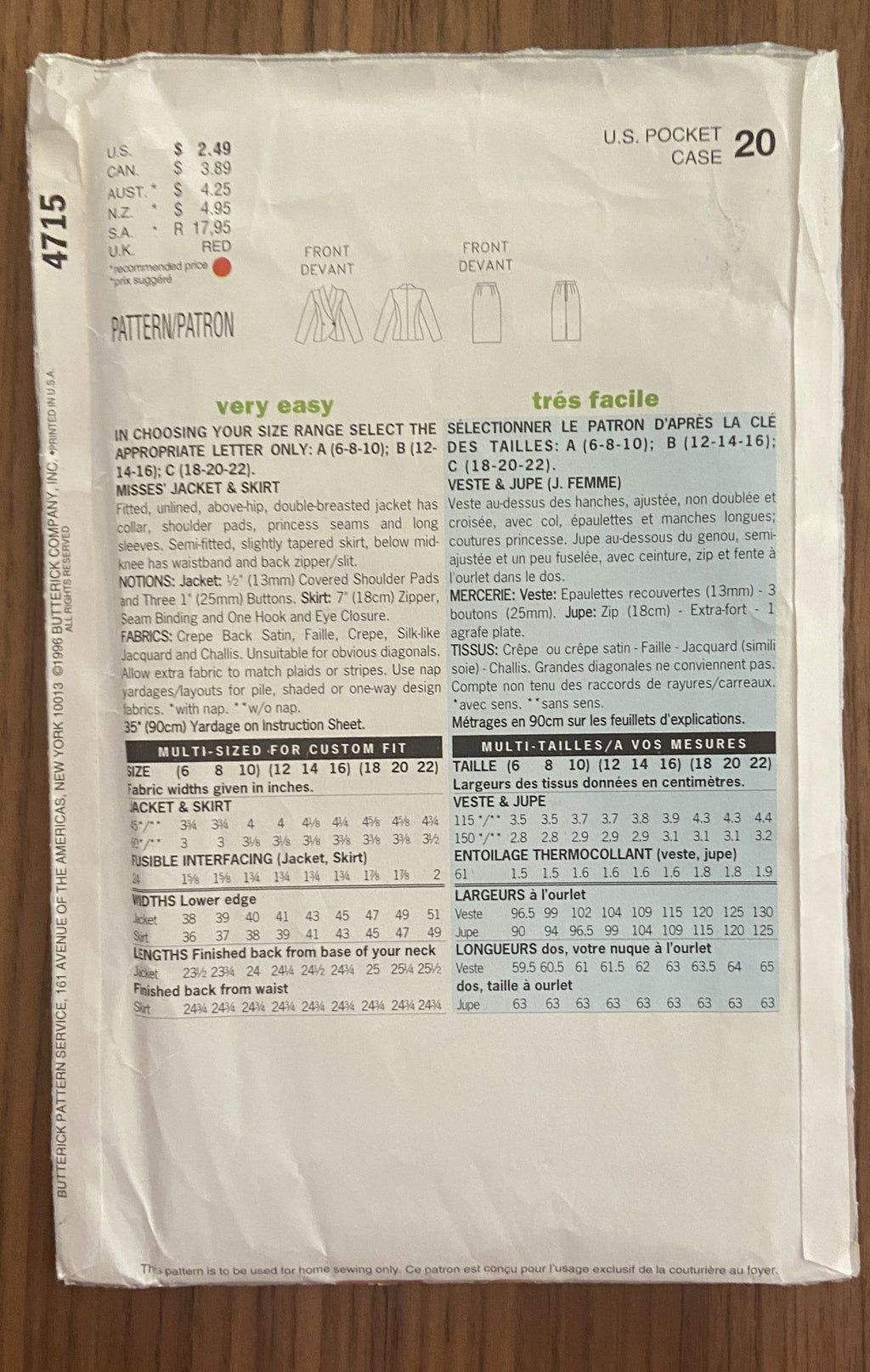 Butterick 4715 vintage 1990s jacket and skirt sewing pattern