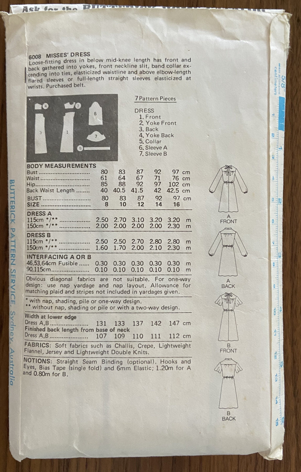 Butterick 6008 vintage 1980s dress pattern. Bust 36 inches