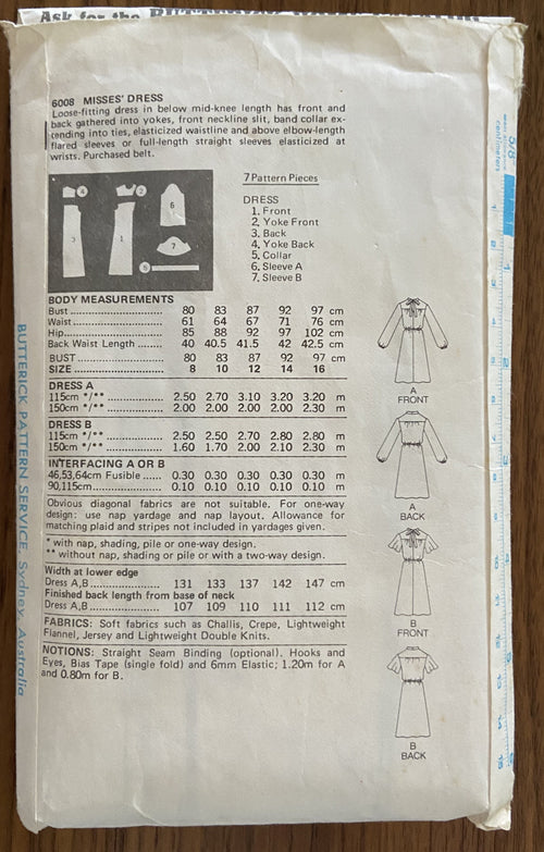 Butterick 6008 vintage 1980s dress pattern. Bust 36 inches