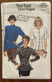 Vogue 9686 very easy vogue vintage 1980s peplum top sewing pattern Bust 30 1/2, 31 1/2, 32 1/2 inches